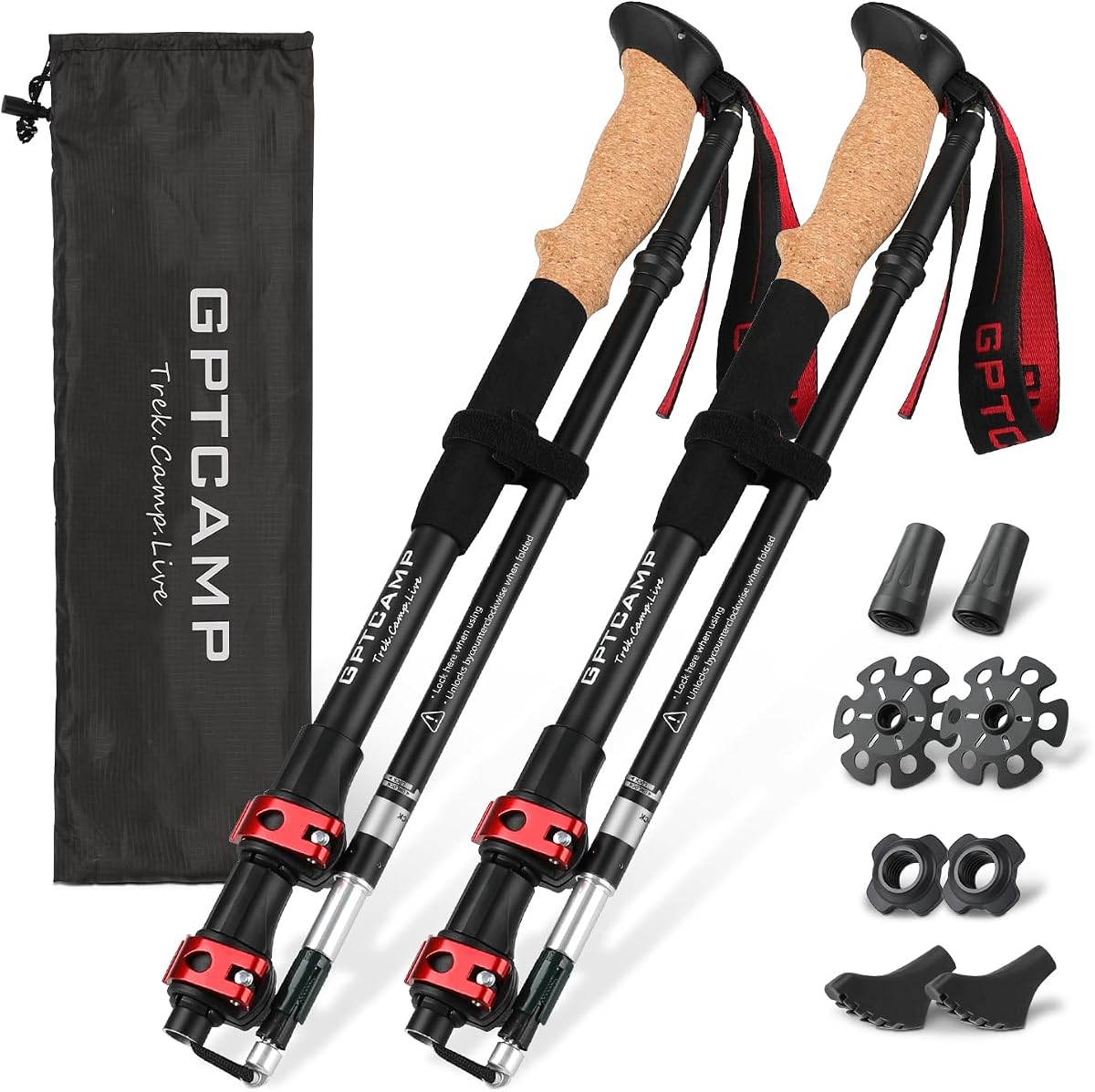 GPTCAMP Collapsible Hiking Trekking Poles with Cork EVA Grips | Adjustable Height, Compact Travel Design, Aircraft-Grade Aluminum, Walking Sticks for Men & Women, 2pc Per Set