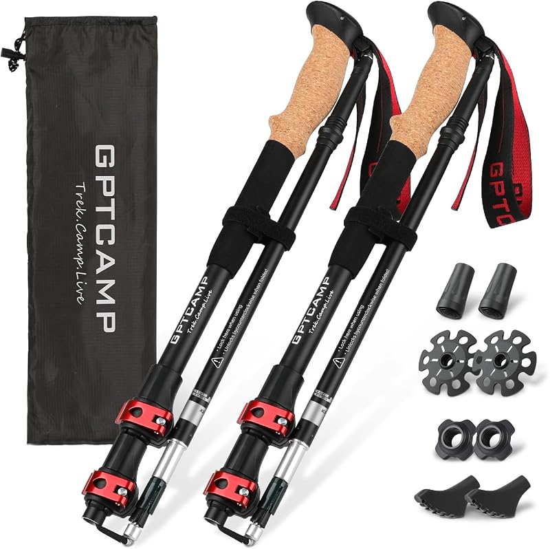 GPTCAMP Collapsible Hiking Trekking Poles with Cork EVA Grips | Adjustable Height, Compact Travel Design, Aircraft-Grade Aluminum, Walking Sticks for Men & Women, 2pc Per Set