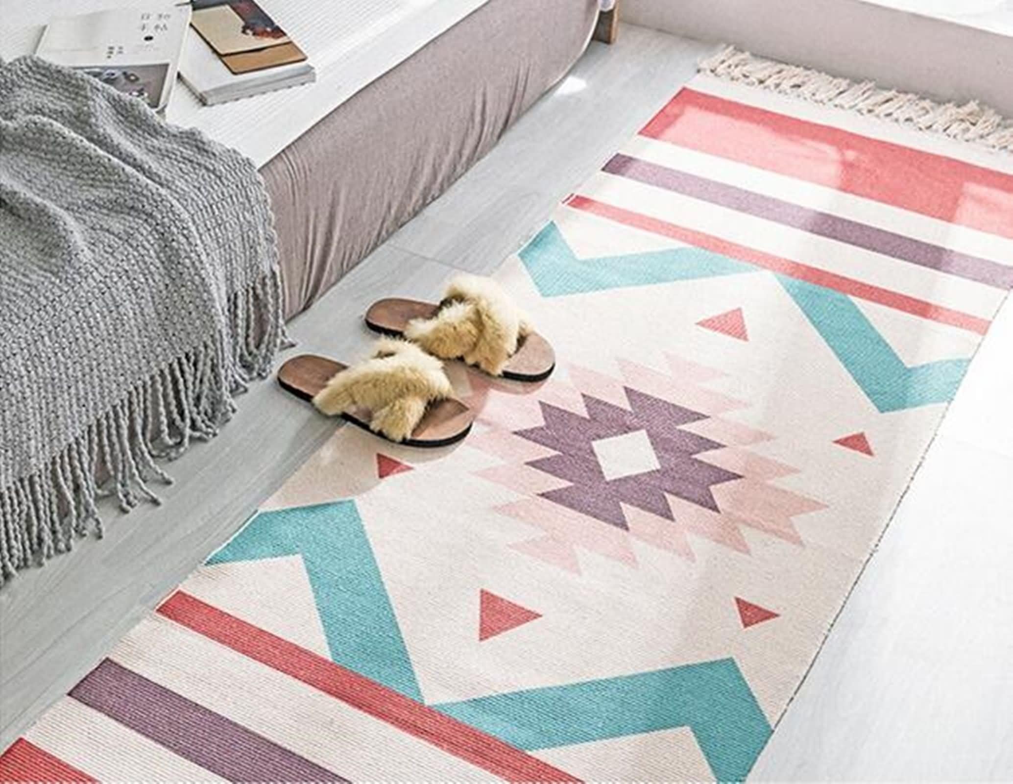 Bettvorleger 60x180, Teppich Läufer Rot Braun Blau Rosa Rechteckig Geometrisches Muster mit Quasten Baumwoll Leinen