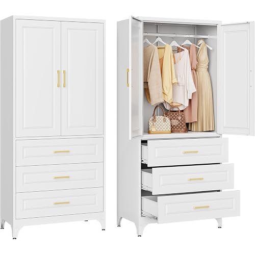 71" White Armoire Wardrobe Closet with 3 Drawers