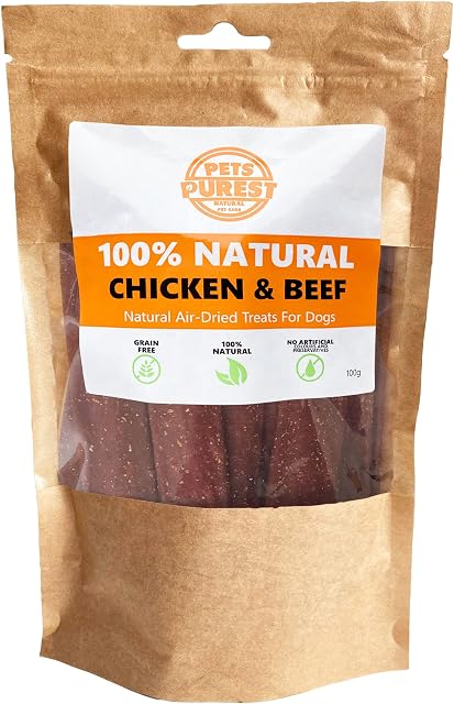 Pets Purest Dog Treats Chicken Beef Strips - 100% Natural Air-Dried Chews for Dogs, Puppy & Senior. Healthy Hypoallergenic Grain, Gluten & Lactose Free Raw Food Treat Snack Sticks (100g)