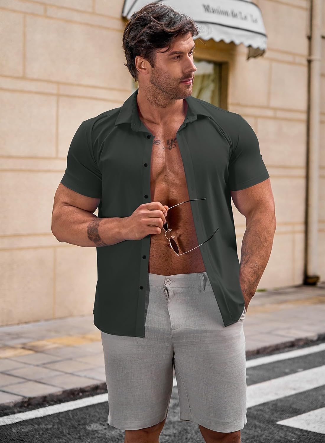 Mens Muscle Fit Casual Dress Shirts Short Sleeve Wrinkle-Free Button Down Shirt - Image 2