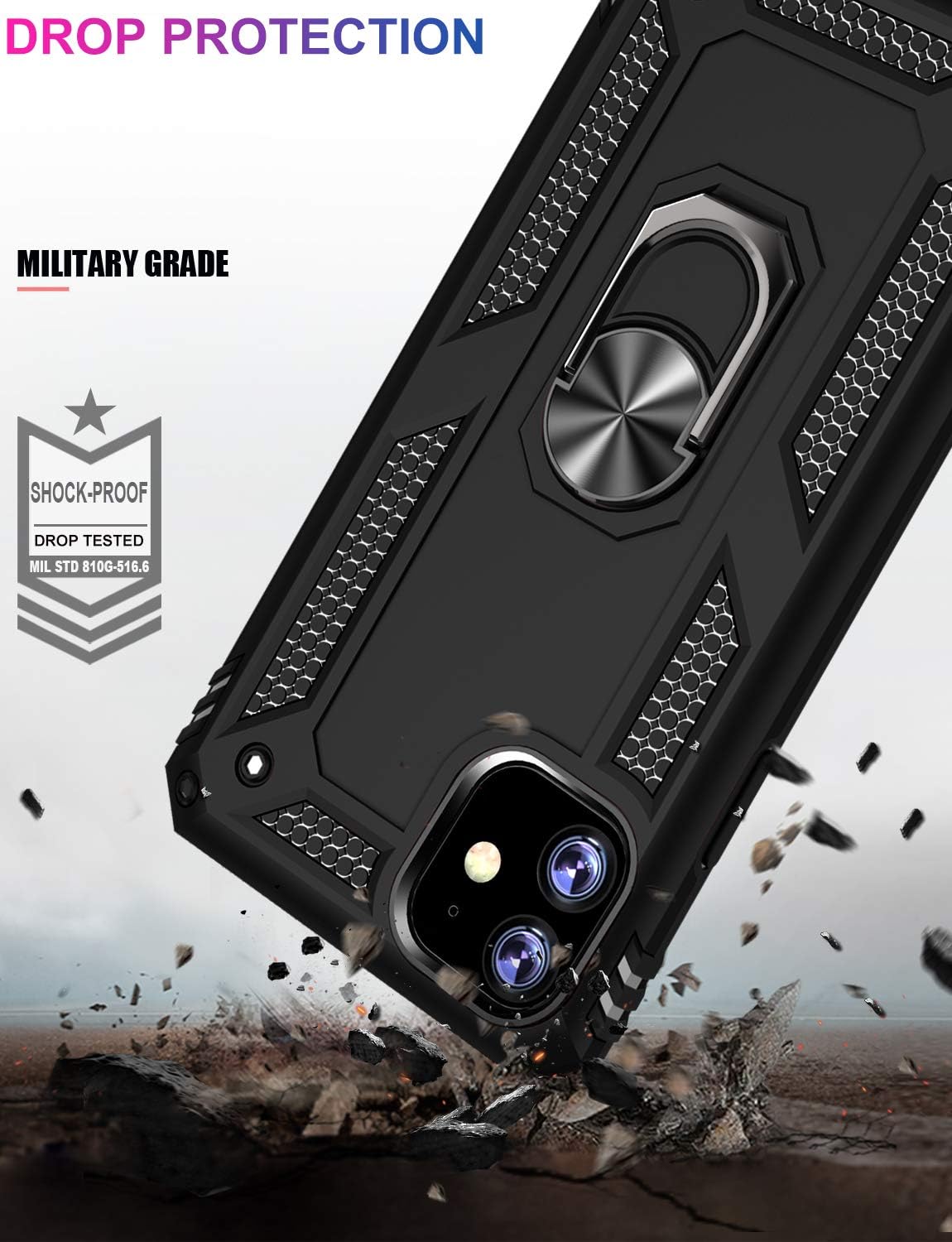LUMARKE iPhone 11 Case,15ft Drop Tested, Military Grade Shockproof Dual Layer Plastic TPU Cover with Metal Kickstand Protective Phone Case for iPhone 11 6.1 inch 2019 Black
