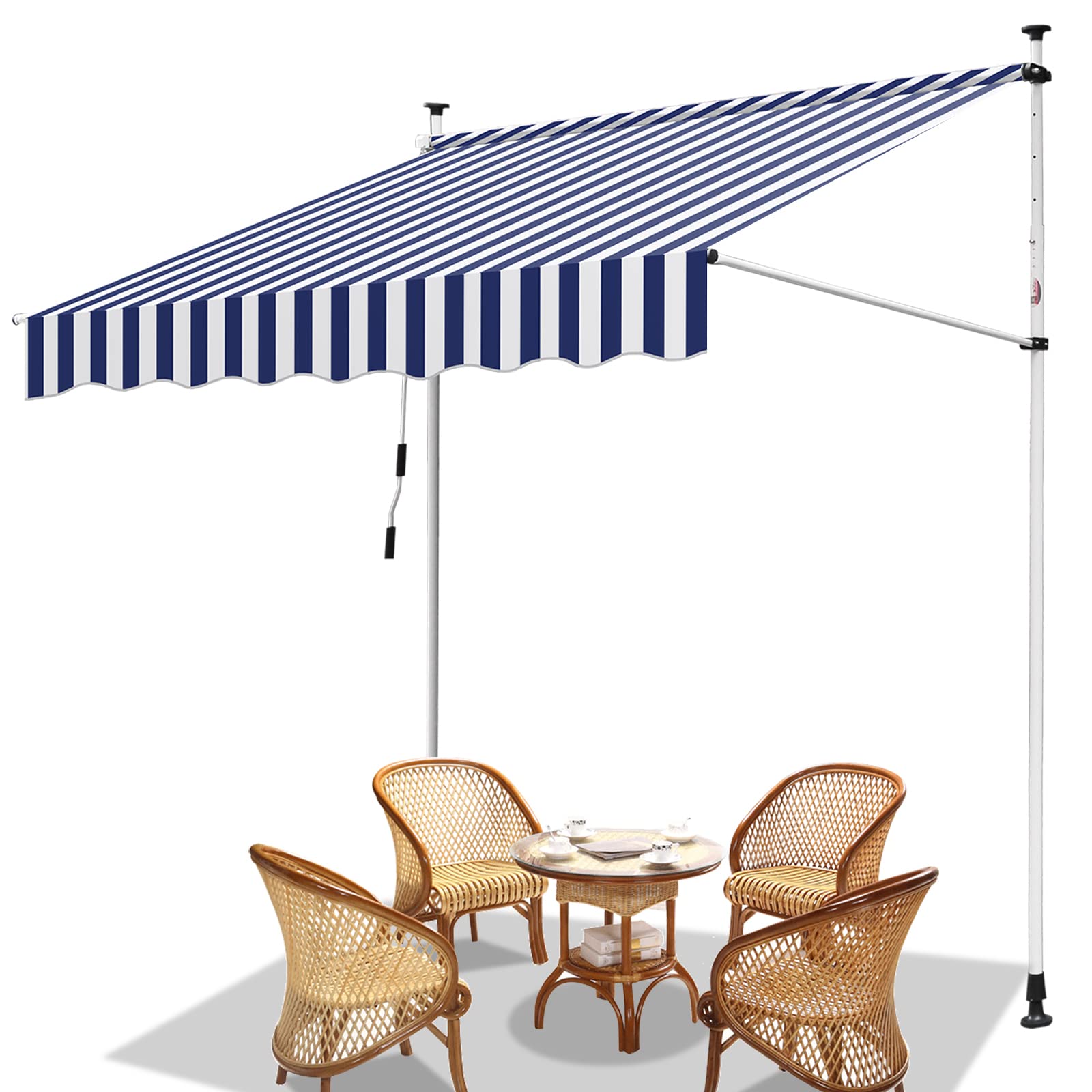 Fiqops Klemmmarkise mit Handkurbel Balkon, UV-beständig, ohne Bohren, 100% Polyester, höhenverstellbar, Sonnenschutz, Terrassenüberdachung, Einfache Montage 150x120 x 200-300 cm Blau Weiß