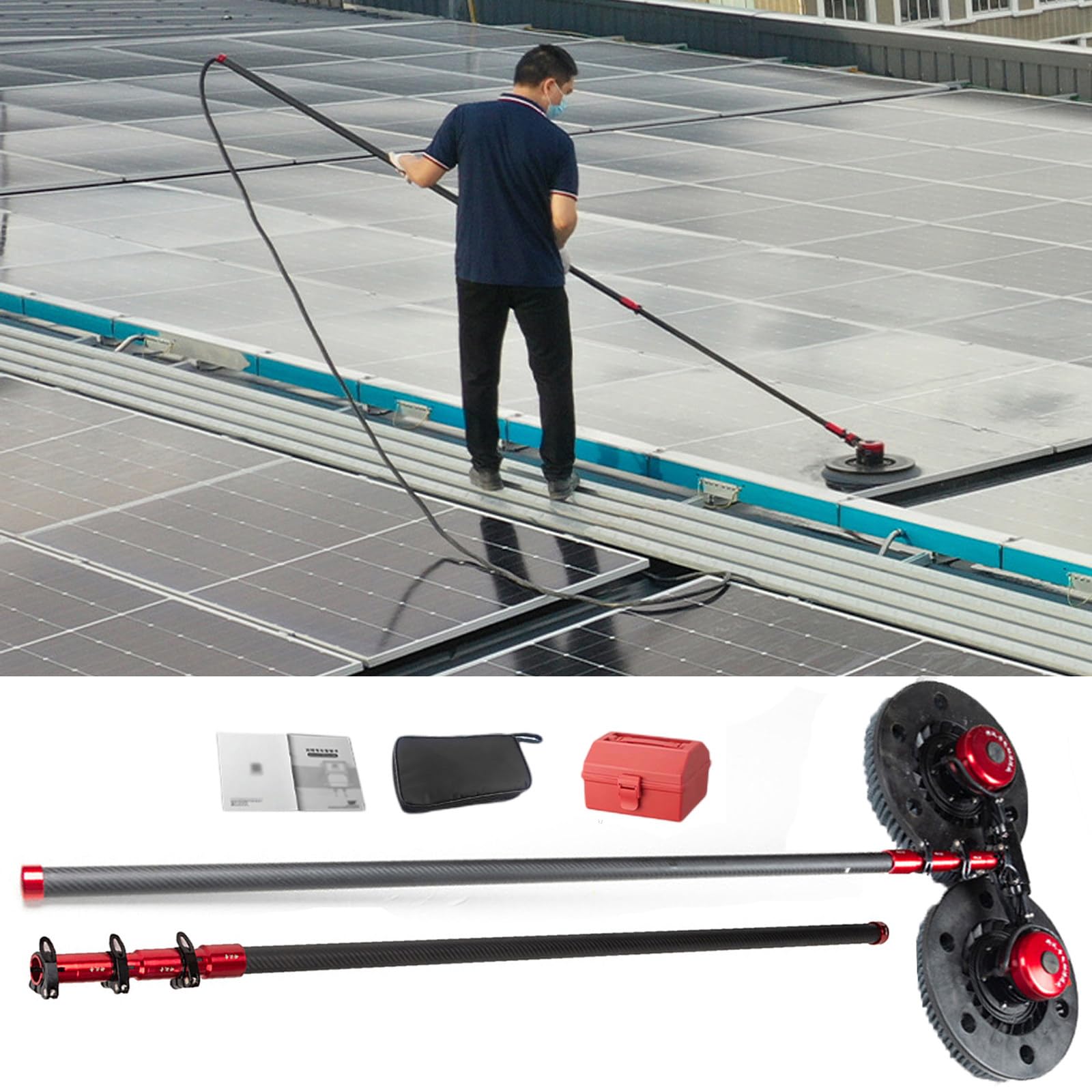 AYCDL Handheld Solar Panel Cleaning Kit with Carbon Fiber Telescopic Rod and Brushless Motor, Includes Power Converter and Molybdenum Wire Brush, Ideal for Outdoor Ma,2.4m