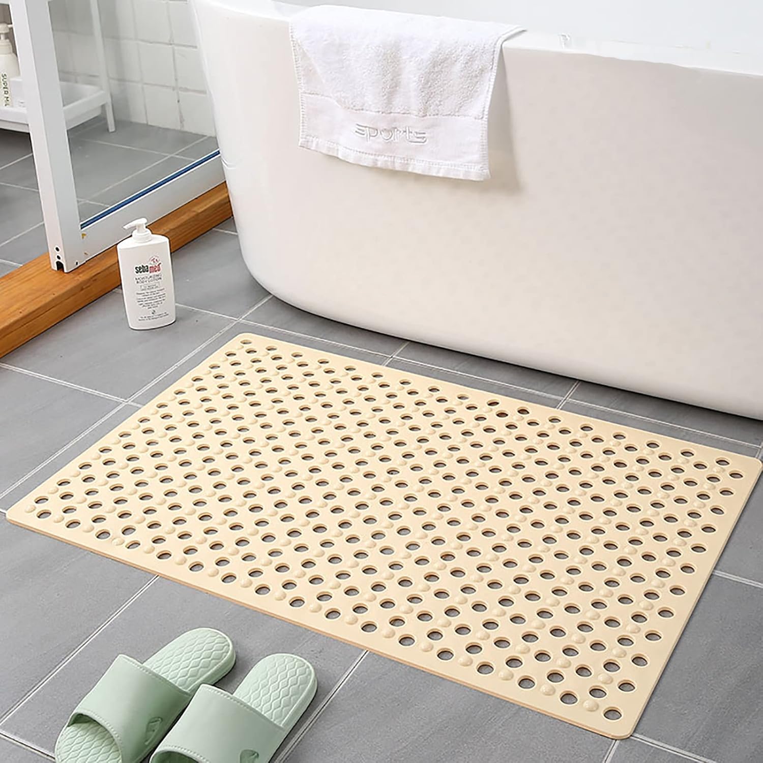 PVC Bathroom Mat,Rectangle Non Slip Shower Mat With Drain Holes And Suction Cup,Machine Washable,Thick Durable Tub Mat Comfy Massage Bathroom Mat for Shower Stall Bathtub Spa Room-Beige 40x100cm(16x39