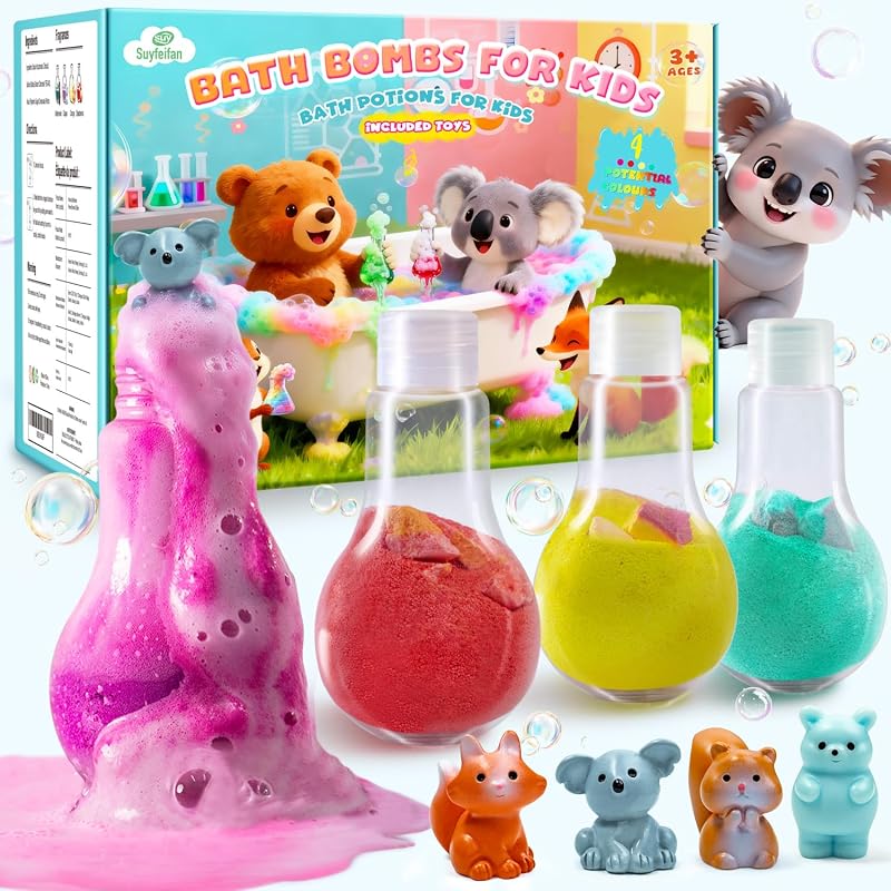 Suyfeifan Bombas de Banho Efervescentes com Brinquedos Surpresa de Animais da Floresta, Pacote com 4