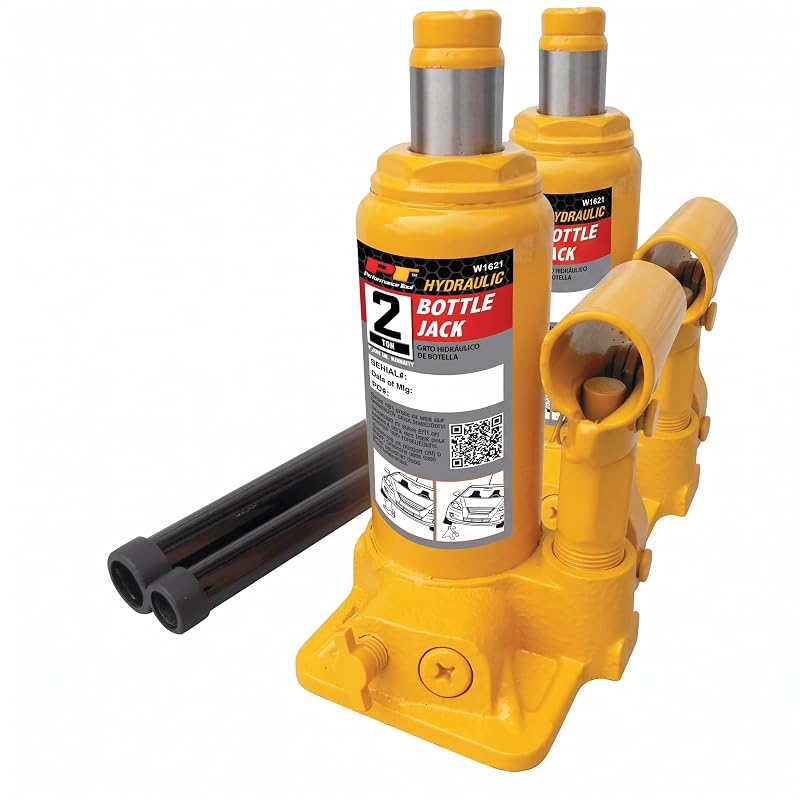 Macaco hidráulico tipo garrafa Performance Tool W1621, capacidade de 2 toneladas, com parafuso superior ajustável, amarelo, kit com 2 peças