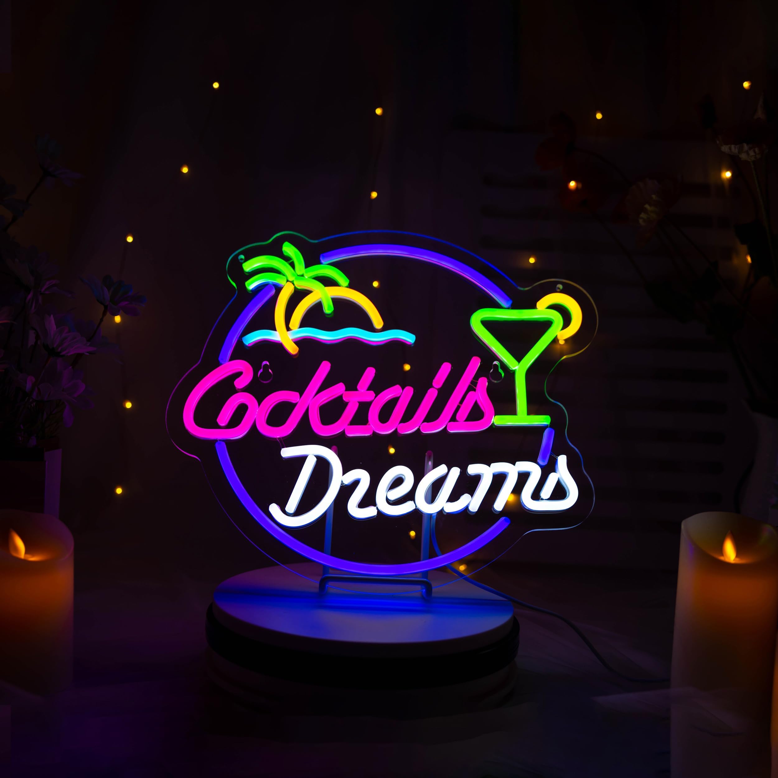 Roouneon Cocktails and Dreams Palm Neon Sign for Wall Decor Neon Signs with Dimmable Switch LED Neon Signs Bedroom Room Home Beer Bar Art Neon Light Sign