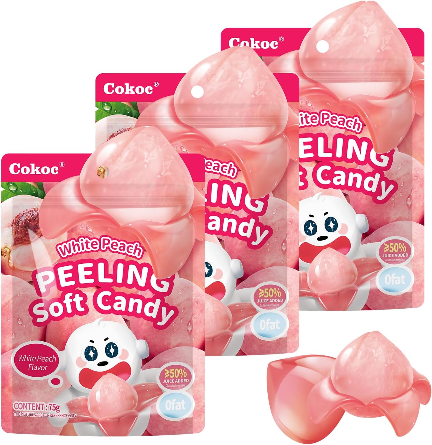 COKOC Peelable Peach Gummies, Peeling Fruit-Shaped Candy, 7.93oz Individual Packs-Fun Peeling Gummy Snack Made with Real Juice(Pack of 3) Easter Candy Bag