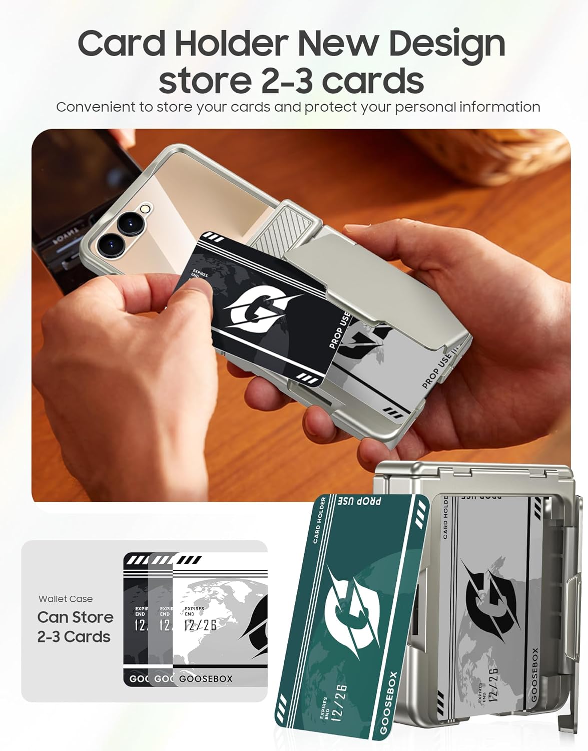 GooseBox for Samsung Galaxy Z Flip 7 Case Wallet RFID Card Holder&Hinge Protection&HD Screen Protector, Full Body Shockproof Cover for Galaxy Z Flip 7(Natural Titanium)