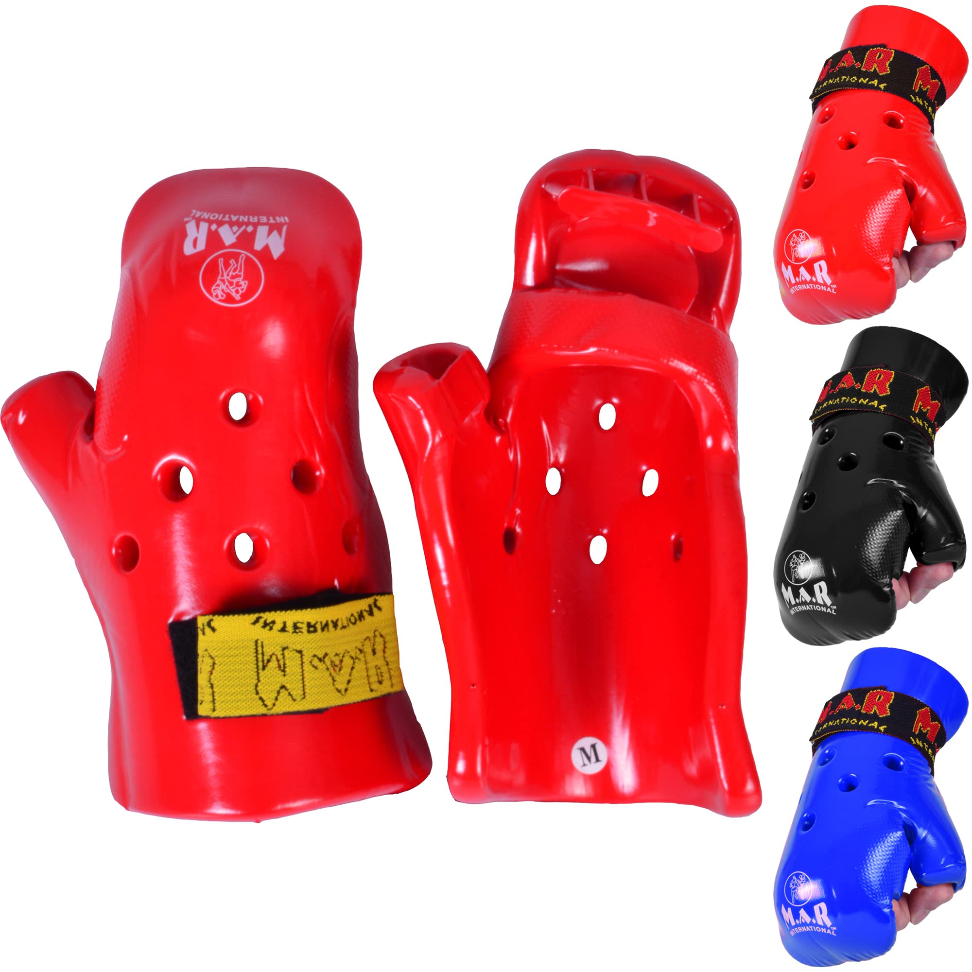 MAR | Red Semi Contact Gloves for Karate, Taekwondo, Martial Arts Pointer's Gloves, Vinyl Dipped Foam with Ventilation System, Hook and Loop Wrist Strap, Hand Mitts Protective Gear (Medium)