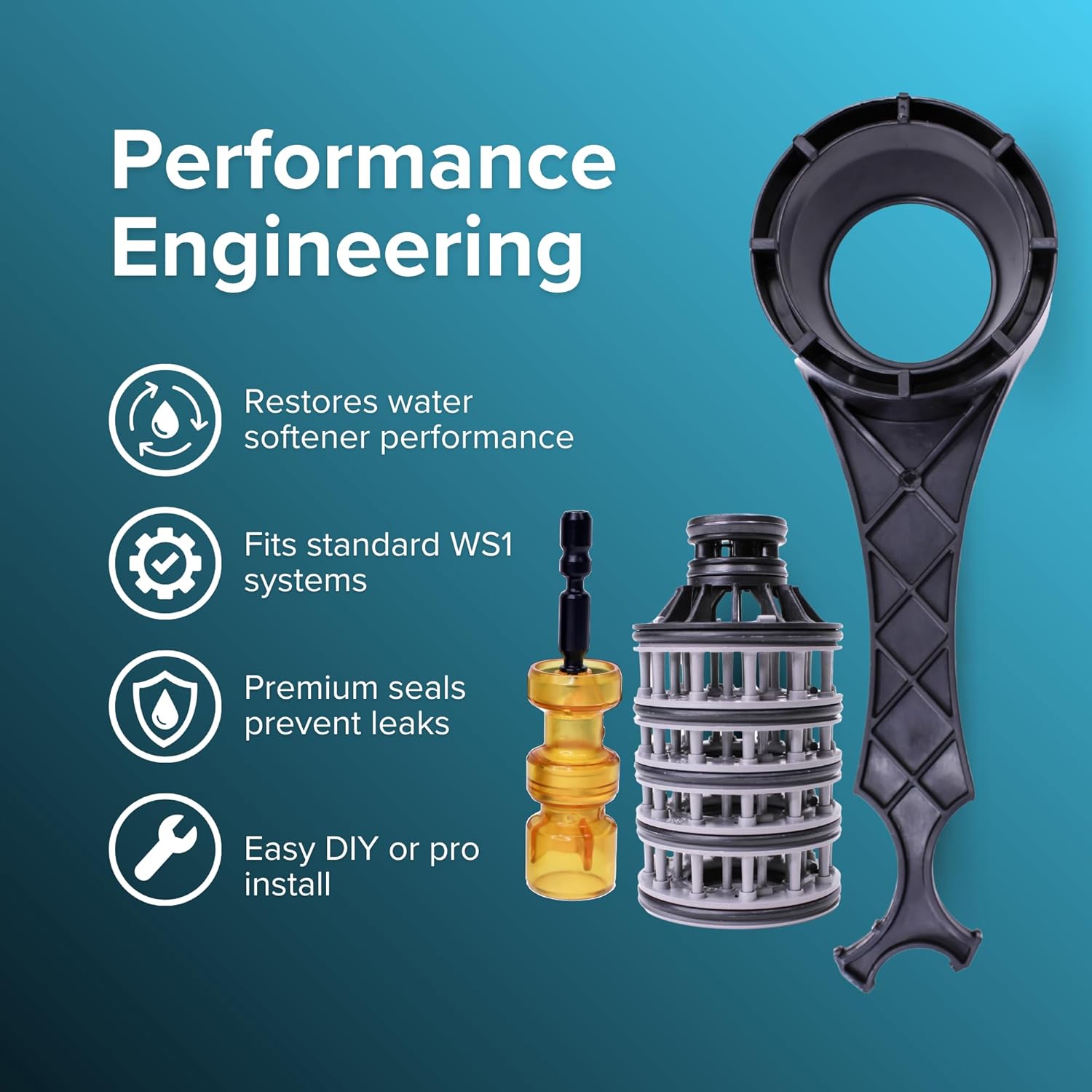 Complete GENUINE OEM Clack WS1 Water Softener Interior Rebuild Kit with Wrench - Parts Bundle Including Service Wrench, Spacer Stack, Downflow & Regenerant Pistons. Full Service Repair Kit