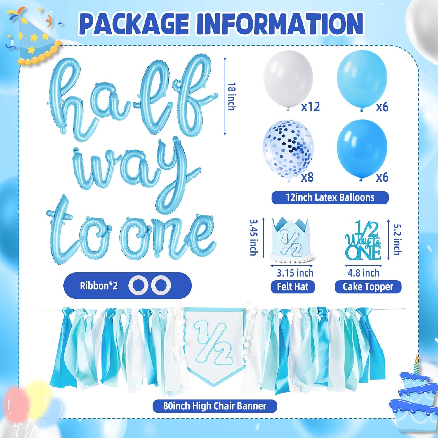 1/2 Birthday Boy Decorations, Half Way To One Baby Boy Set with Foil Banner, High Chair Banner, Balloons, Crown, 1/2 Cake Topper for Baby Shower Birthday Party Photo Props Decor (Blue) - Image 2