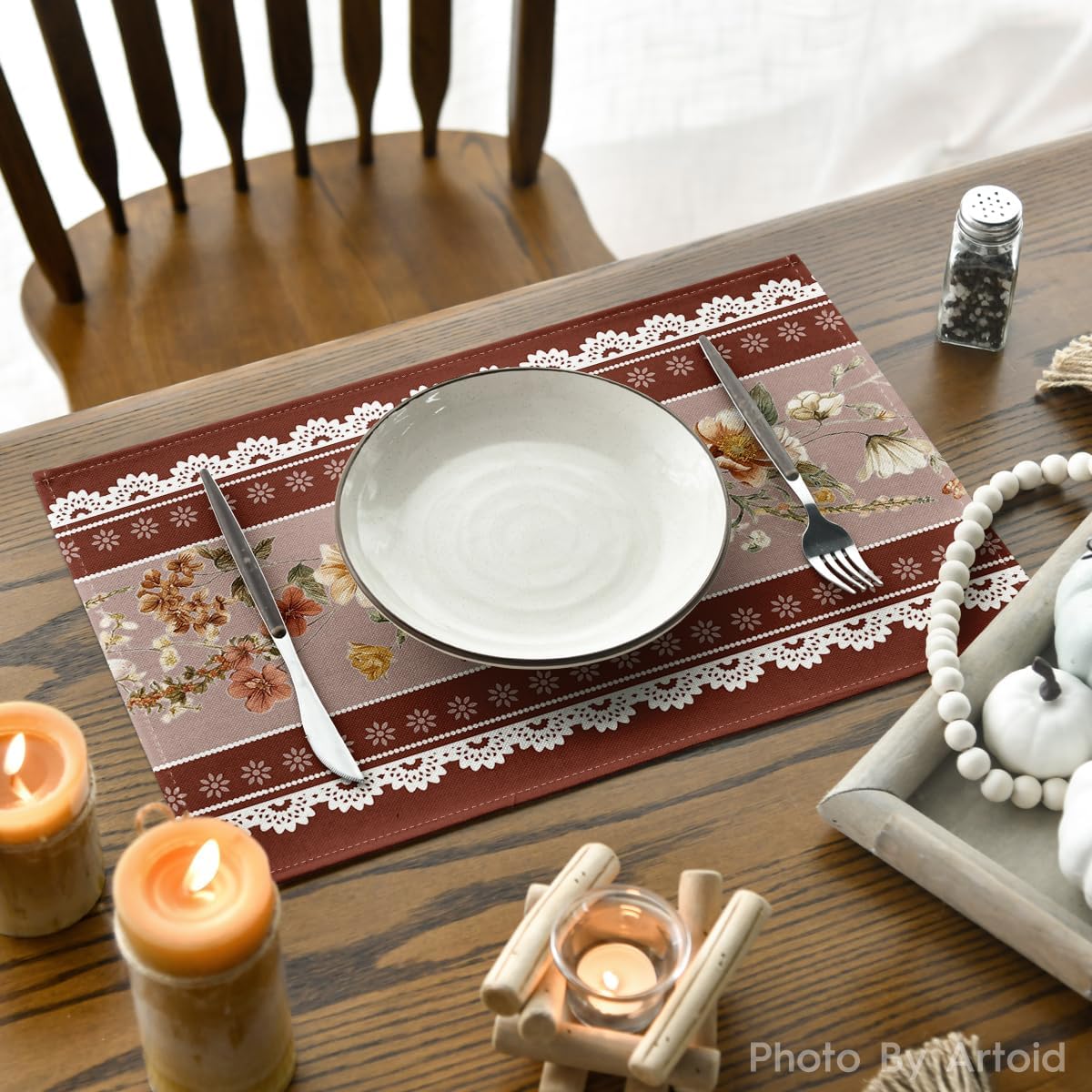 Artoid Mode Rust Vintage Floral Fall Placemats Set of 4-12 x 18 Inch