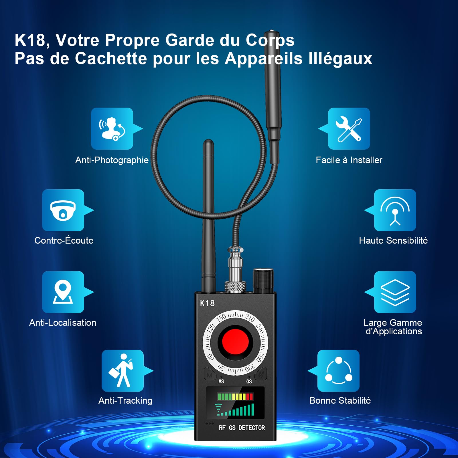 Menborn Détecteur Micro Espion, Détecteur de Micros GPS, Détecteur d'espions, Detecteur de Camera et Micro Espion, Détecteur de Bugs pour pour Bureau à Domicile Hôtel