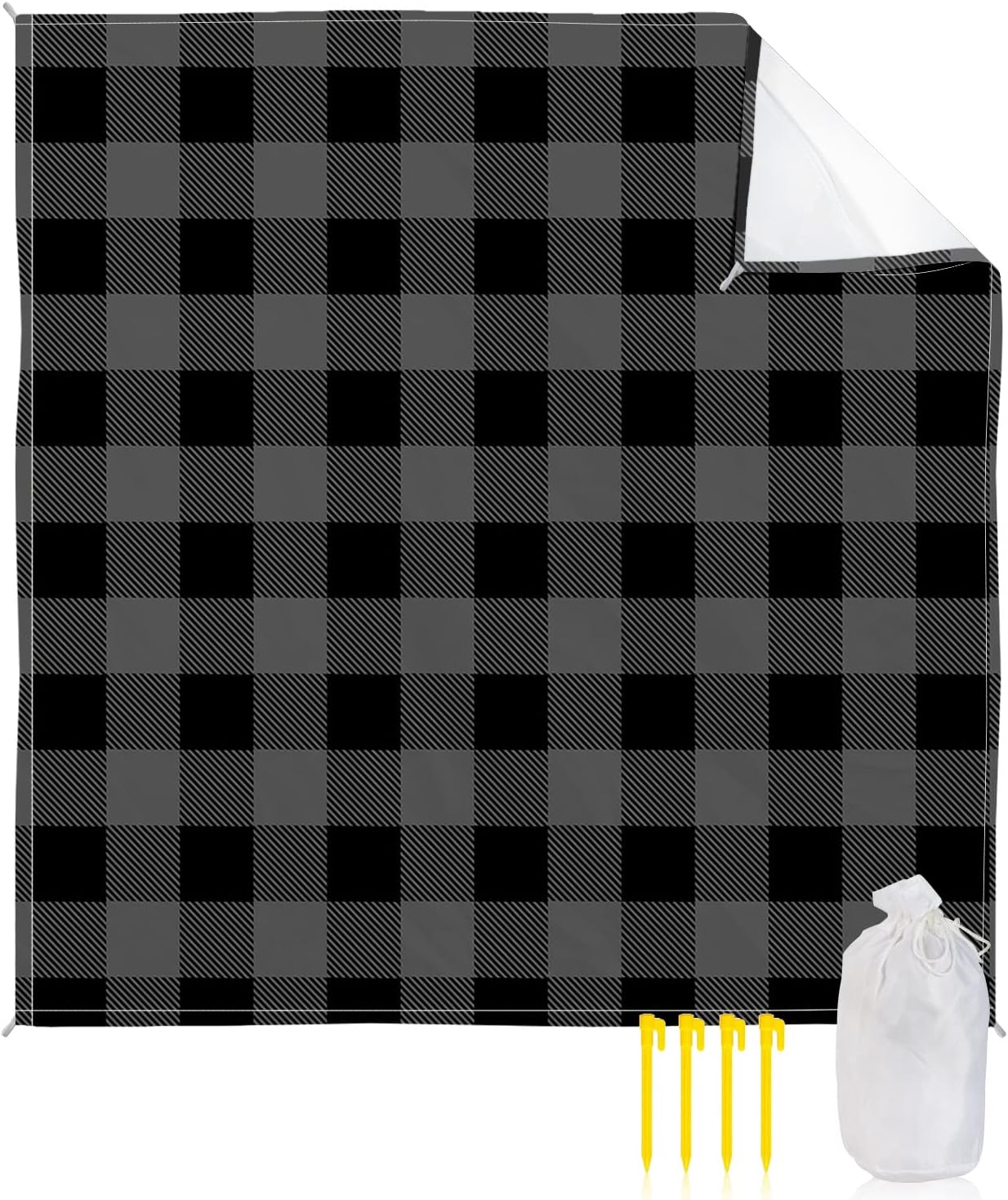 Black and Grey Plaid Beach Blanket Waterproof Sandproof Outdoor Picnic Mat 95"x80" Rustic Stripe Lightweight Large Beaach Blankets with 4 Stake & 4 Corner Pockets