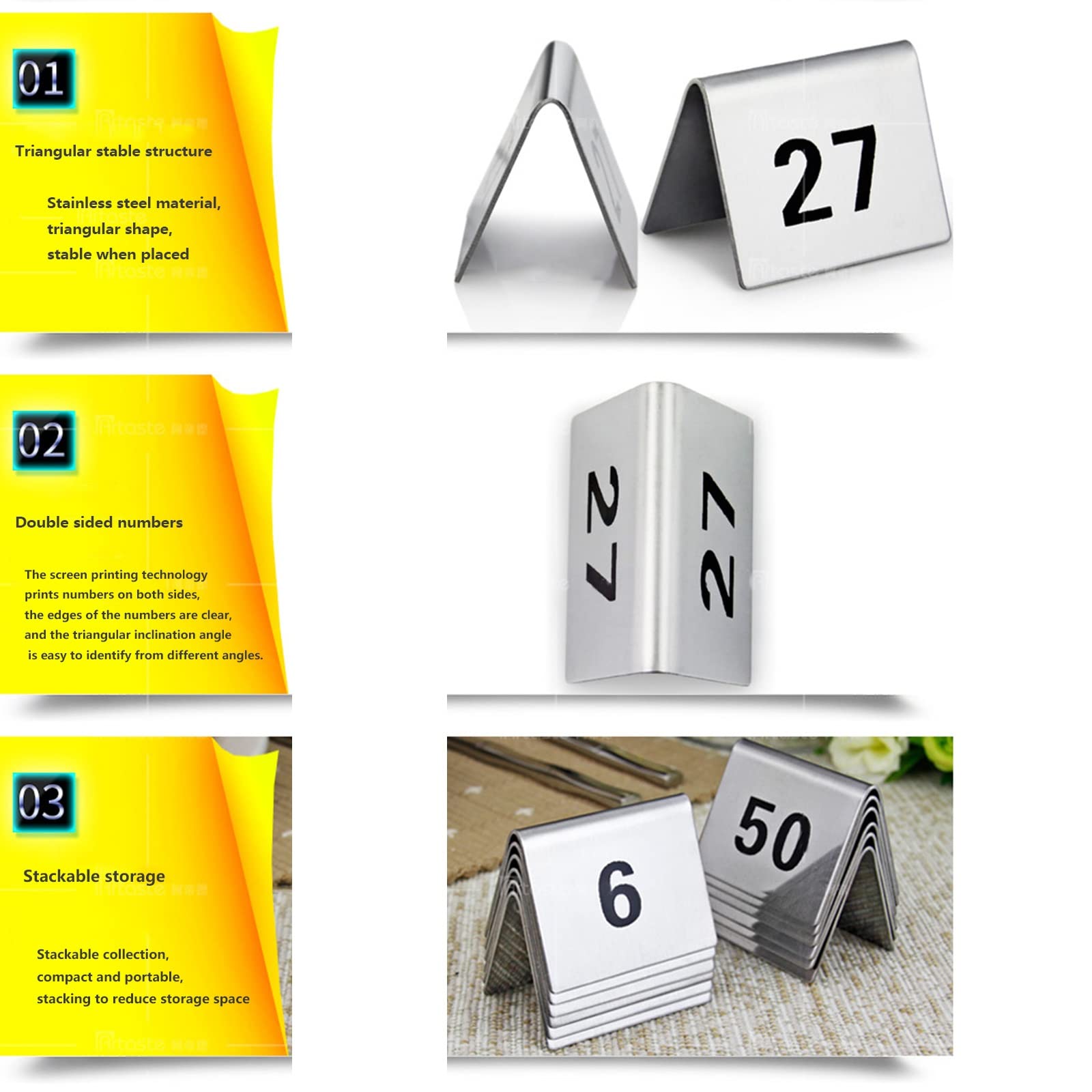 Números de Mesa 1-50 O 1-100 Tarjetas de Números de Mesa de Acero Inoxidable - Placa de Número de Mesa de Restaurante Apilable - Reducción Del Espacio de Almacenamiento - para Cafeterías, Hoteles, Bar