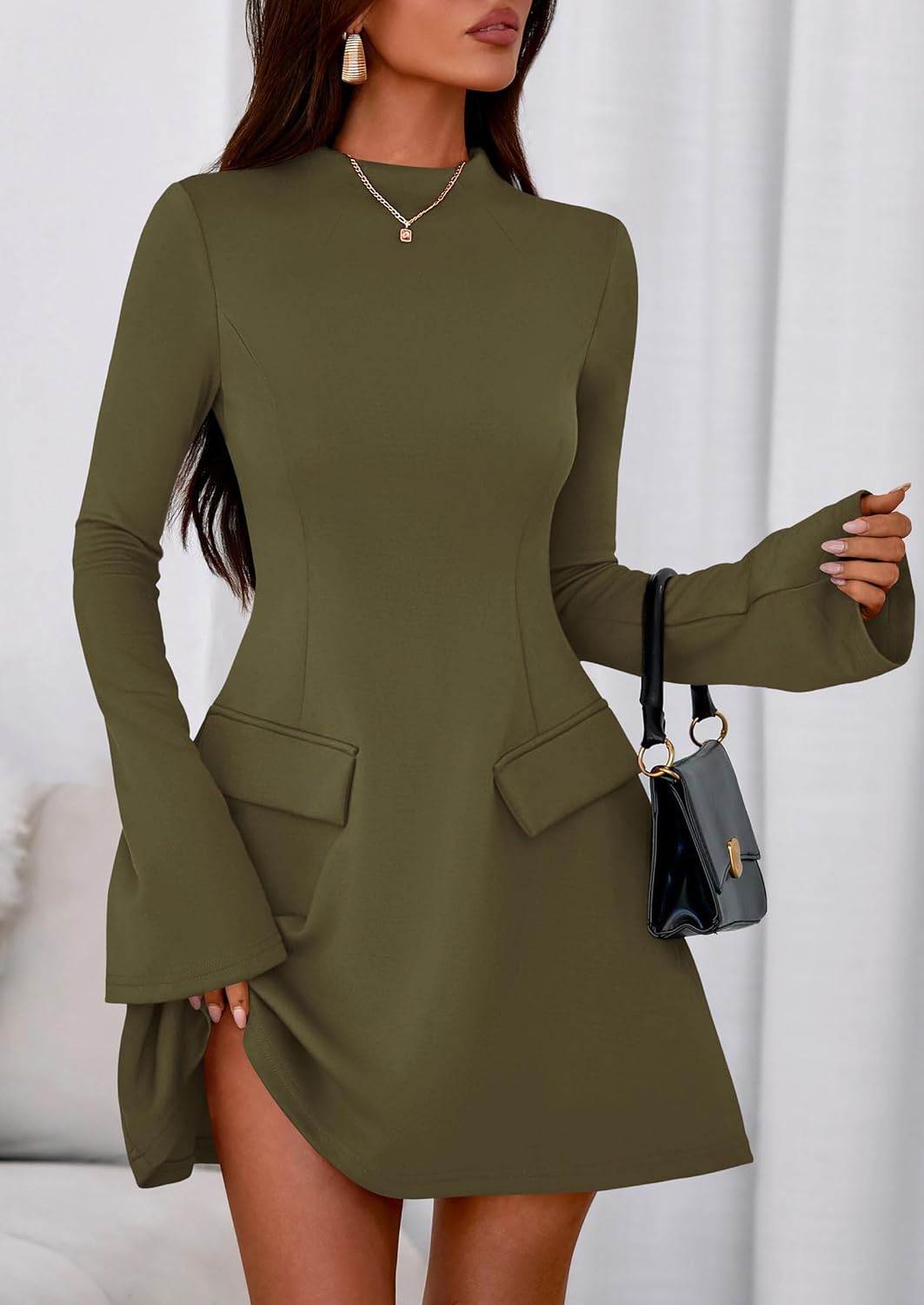 PRETTYGARDEN Women's Elegant Holiday Short Dress 2026 Fall Bell Long Sleeve Mock Neck Work Business Casual Party Mini Dress - Image 5