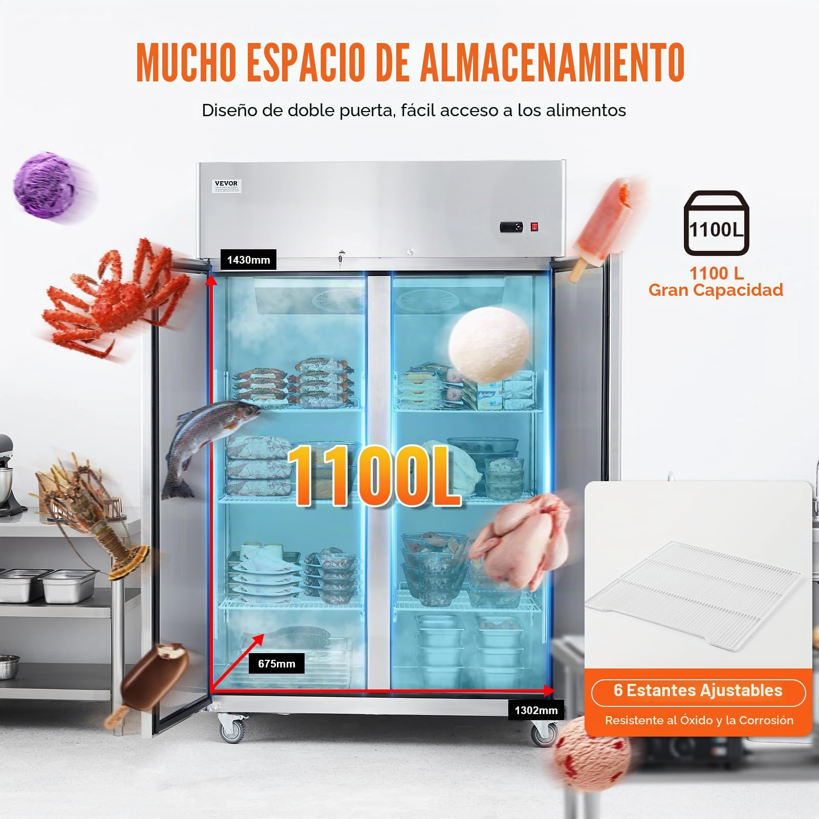 VEVOR Congelador Comercial de 1100 L, Congelador Vertical con Alcance de 2 Puertas, Congelador de Acero Inoxidable con Descongelación Automática con 6 Estantes Ajustables, -25 a -15 °C y 4 Ruedas