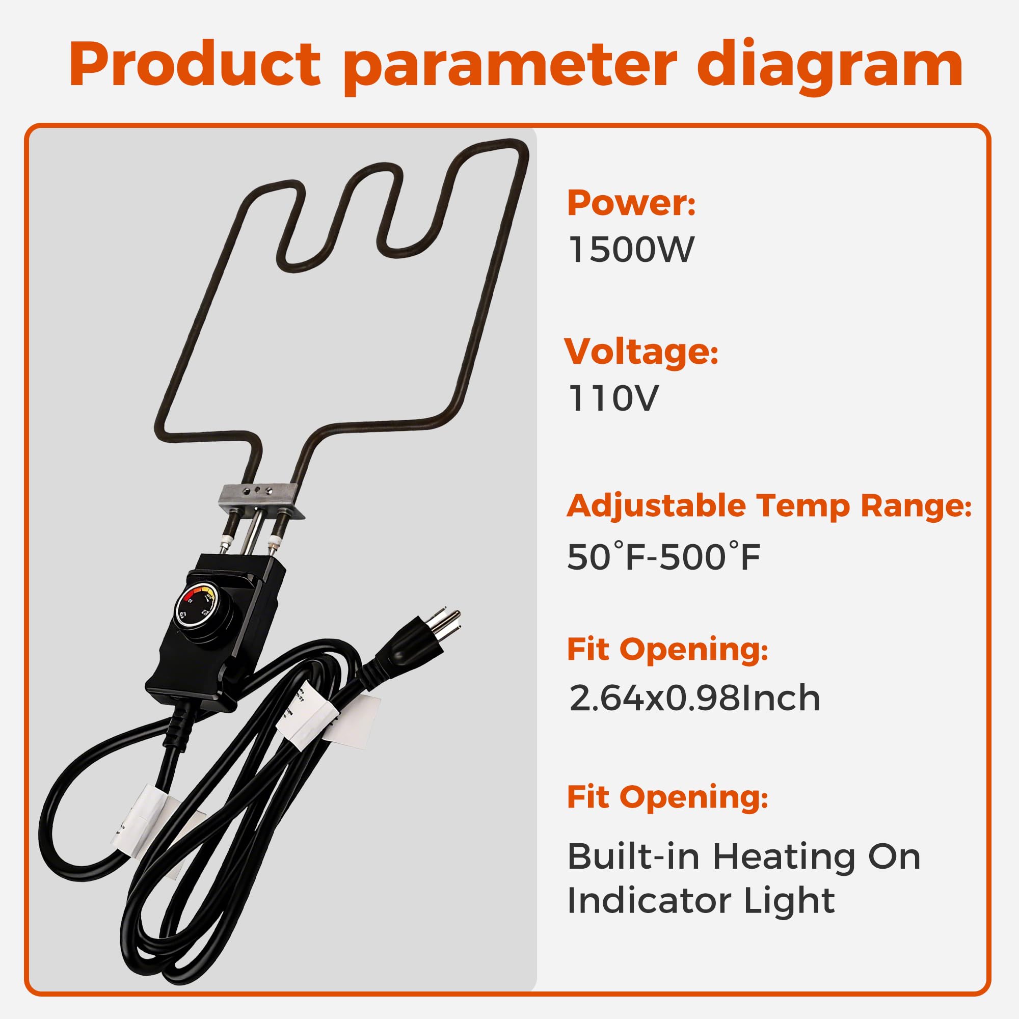 Elemento riscaldante da 1500 Watt, da 10 °C a 232 °C, per affumicatori elettrici e griglie Masterbuild, con cavo termostato regolabile e scatola di collegamento in acciaio inox Romalon
