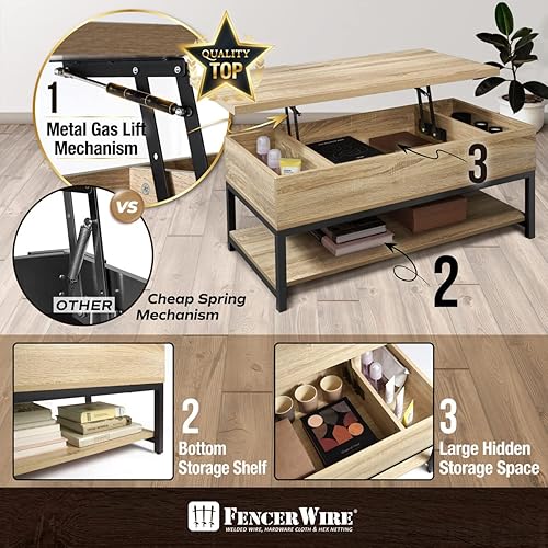 Miniatura 7 de Fencer Wire Mesa de centro elevable con almacenamiento, mesa de centro con estante inferior abierto, mesa de centro de almacenamiento con elevador