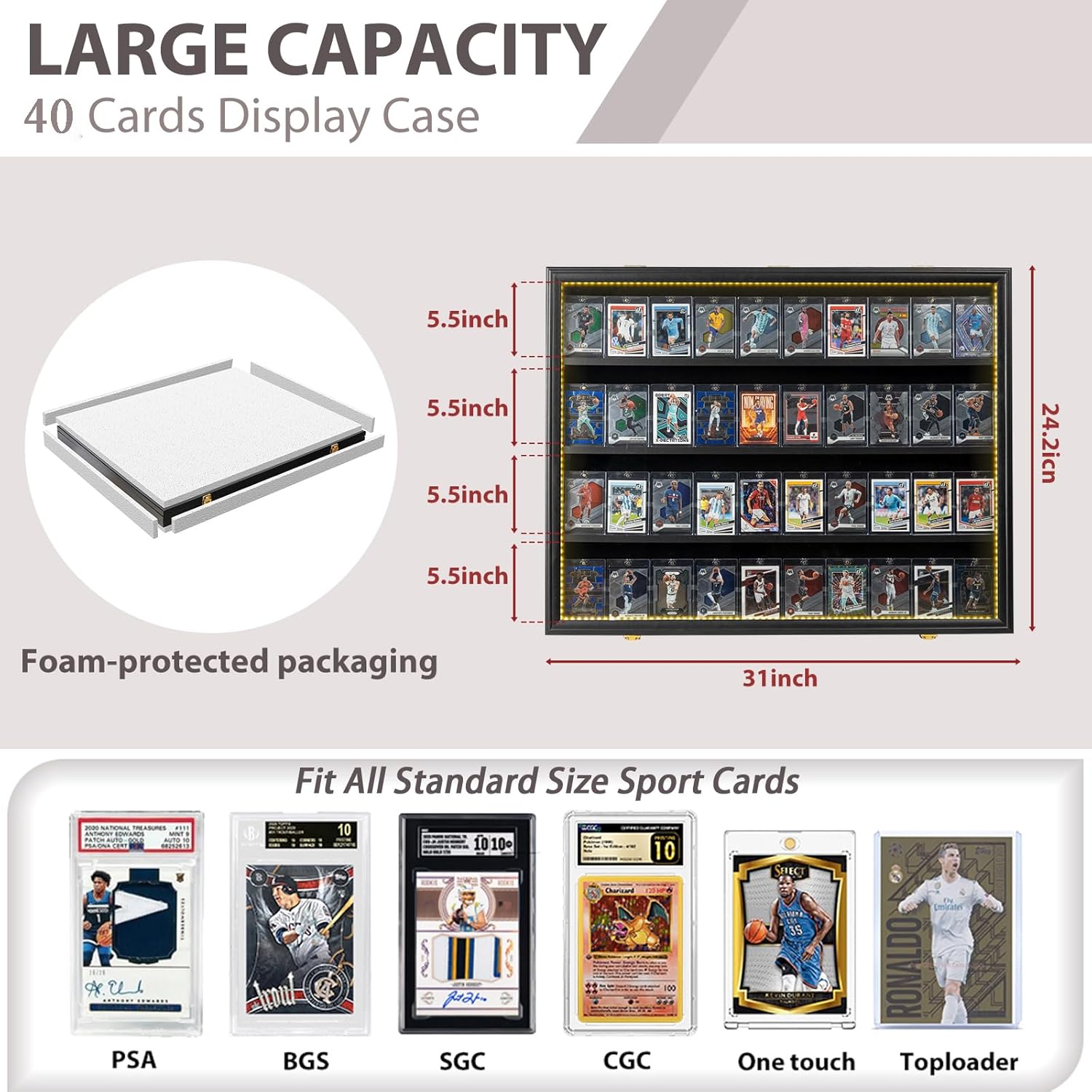 DuvinDD Baseball Cards Display Case with LED Light, Wall Pokemon Card Display Case Protector for PSA Slab Sports Cards, Large Trading Card Display Cabinet with Lockable Door & UV Protection