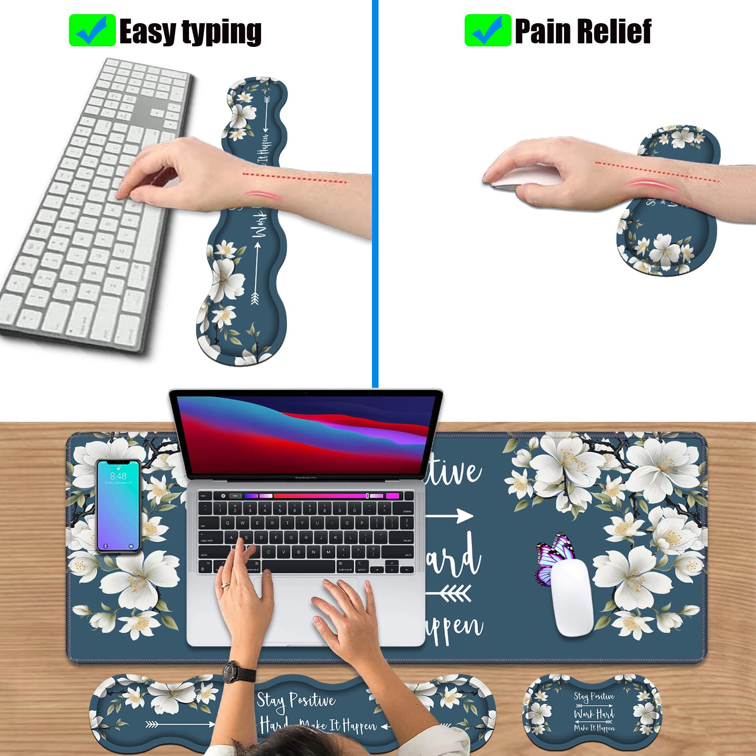 4-in-1 ergonomische Tastatur-Handgelenkauflage und Mauspad, Handgelenkauflage-Set, bleiben Sie positiv arbeiten und machen Sie es passieren, inspirierendes Zitat, große