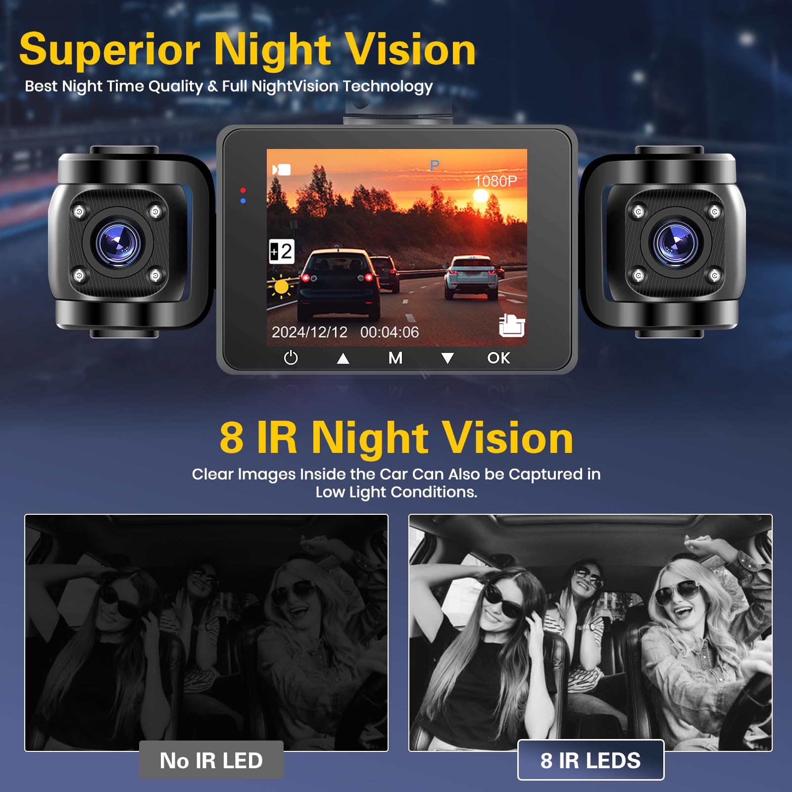 Hikity 2.4" 1080P WiFi Dashcam 4 Dashcam avec DVR G-Capteur Carte TF 64G