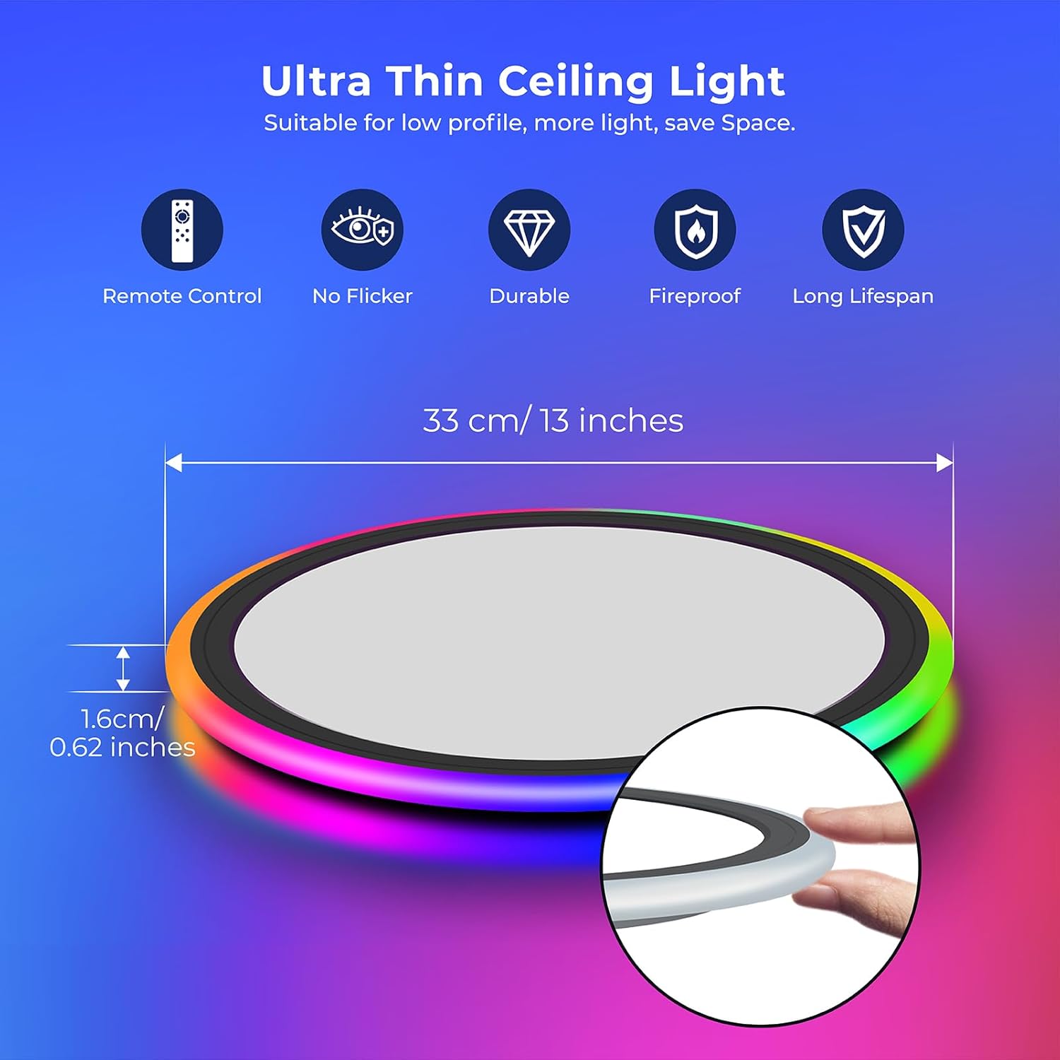 BLNAN RGB Led Flush Mount Ceiling Light with Remote Control, 13Inch 24W 2400LM 3000K-6500K Dimmable Color Changing Wired Light Fixture, Colorful for Bedroom Kids Room Party Festival, Black