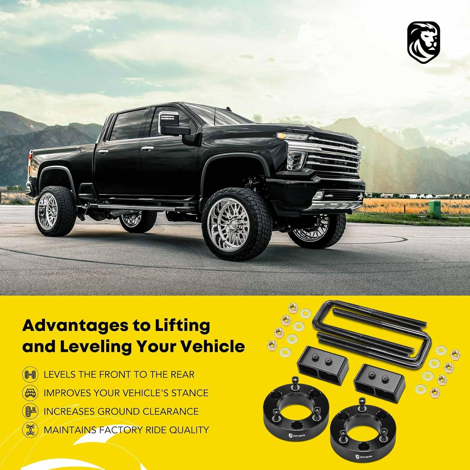 YHTAUTO 2 inch Front and 2 inch Rear Leveling Lift Kit w/Hardwares Fits 2004-2020 Ford F-150, RWD, Strut Spacers & Lift Blocks w/Extended Square U-Bolts Suspension Leveling Kit Set of 8