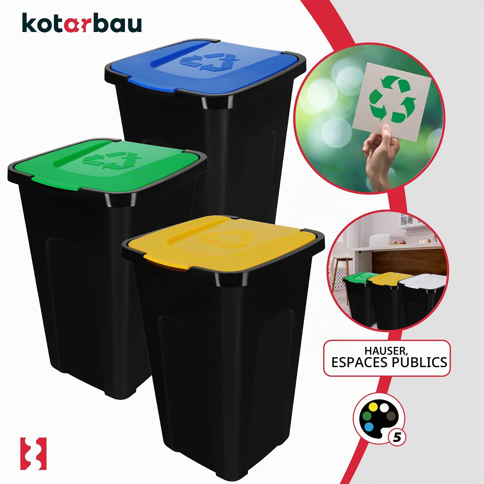 KOTARBAU® Set 3 Poubelles Tri Sélectif 50L | Poubelle Jaune | Poubelle Cuisine 50 litres Tri Sélectif | Poubelle Extérieur 50L | Poubelles de Recyclage | Poubelle Tri Sélectif 50L | Poubelle Jaune
