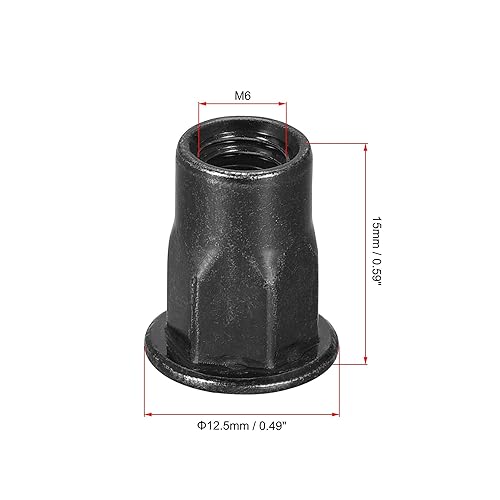 Miniatura 2 de uxcell Tuercas de remache M6, rosca media hexagonal de acero al carbono galvanizado cabeza plana roscada tuerca de inserción negra 50 piezas