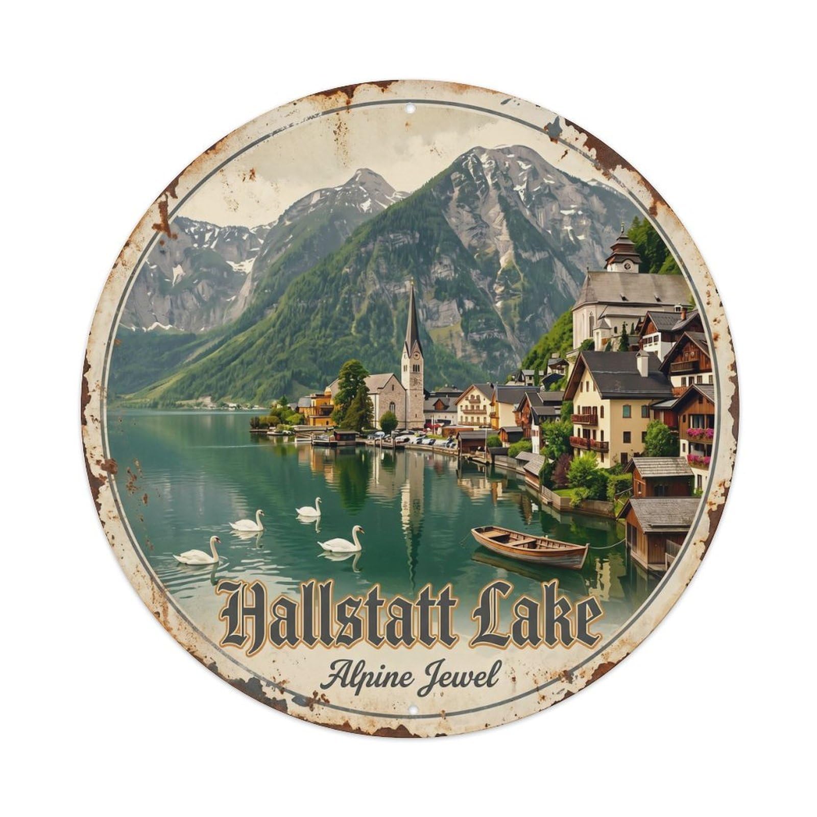 Vintage Travel Hallstatt Alpine Jewel Metal Tin Sign Plaque Wall Decor for Cafe, Club Bar, Office, Home Garden Round Metal Poster 8x8Inch