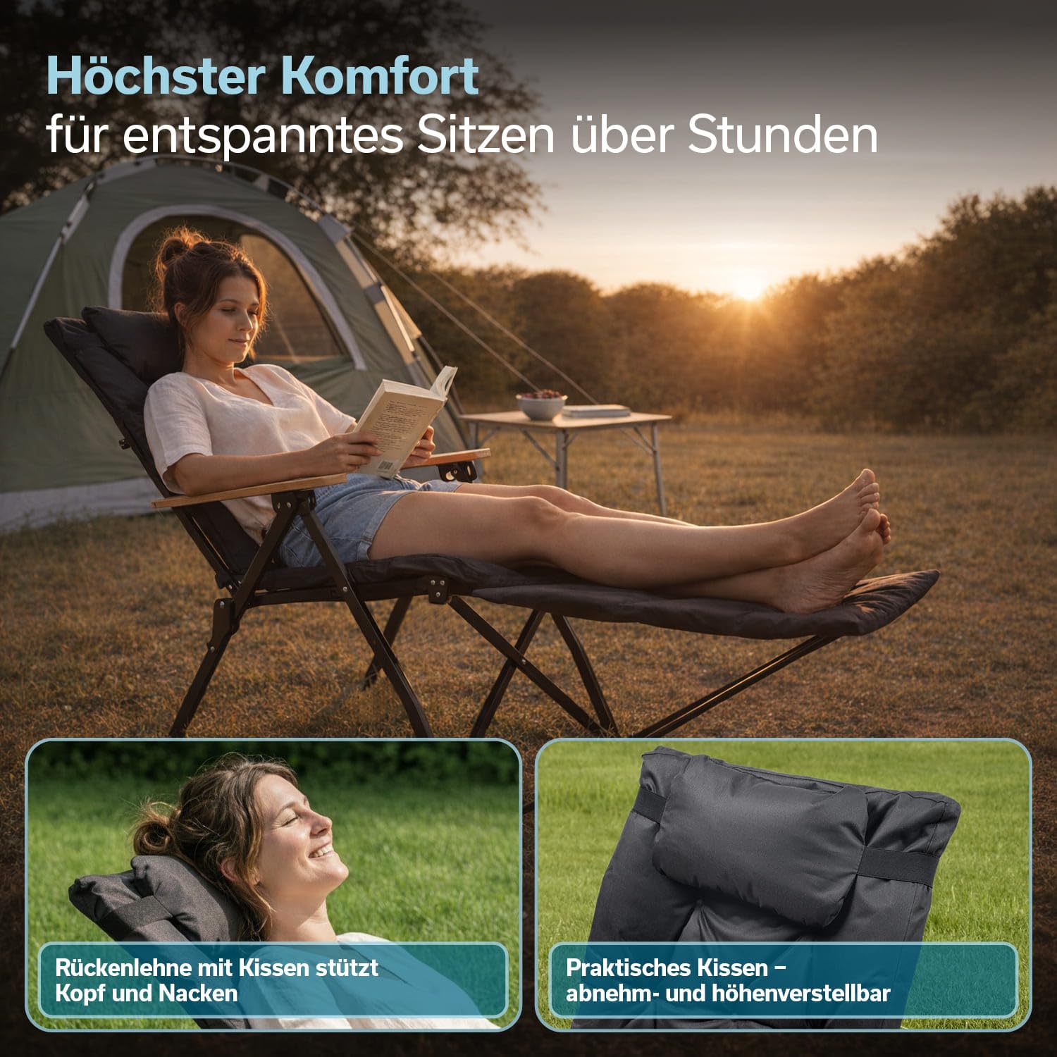 Skandika Campingstuhl Nojata Plus | Hochlehner faltbar, mit Fußablage & Kissen, 3-Fach verstellbare Rückenlehne, 120 kg belastbar | Stuhl klappbar, Klappstuhl für Camping, Garten, Festival, Balkon