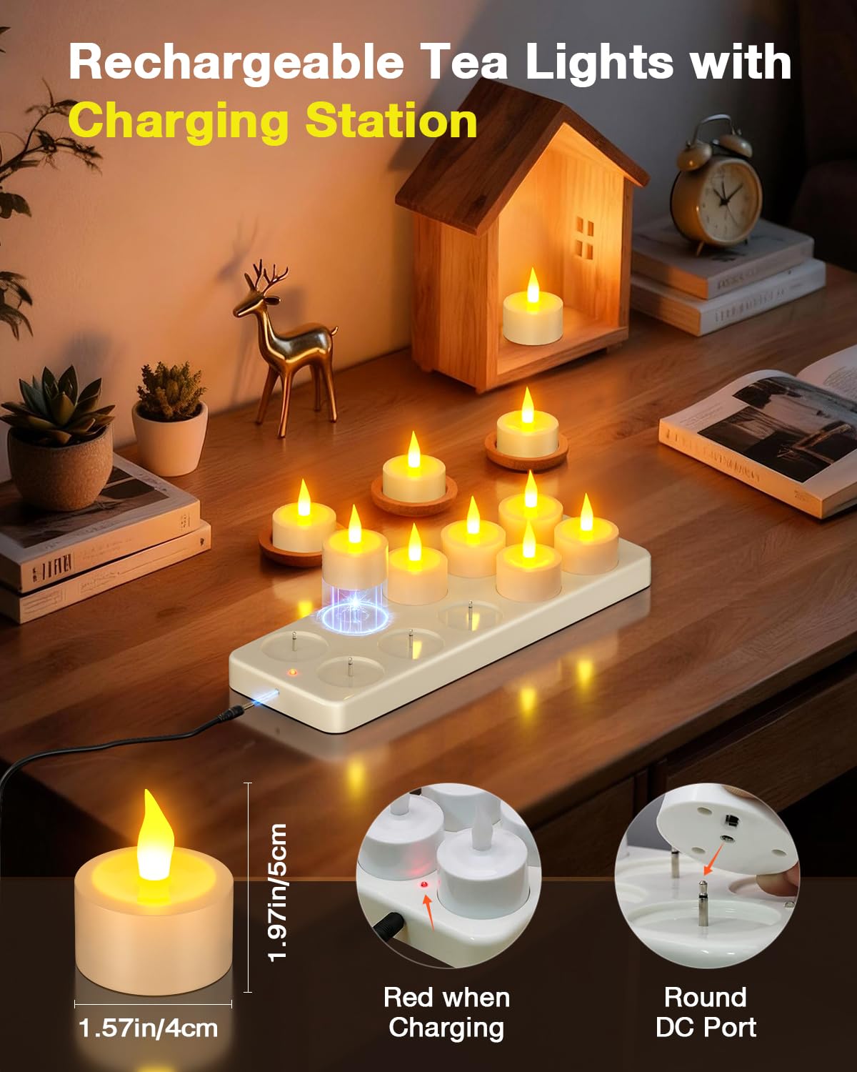 SoulBay Bougies LED rechargeables, Lot de 12 bougies chauffe-plat sans flamme scintillantes avec station de charge et câble USB Jaune chaud pour la décoration d'intérieur de table d'Halloween