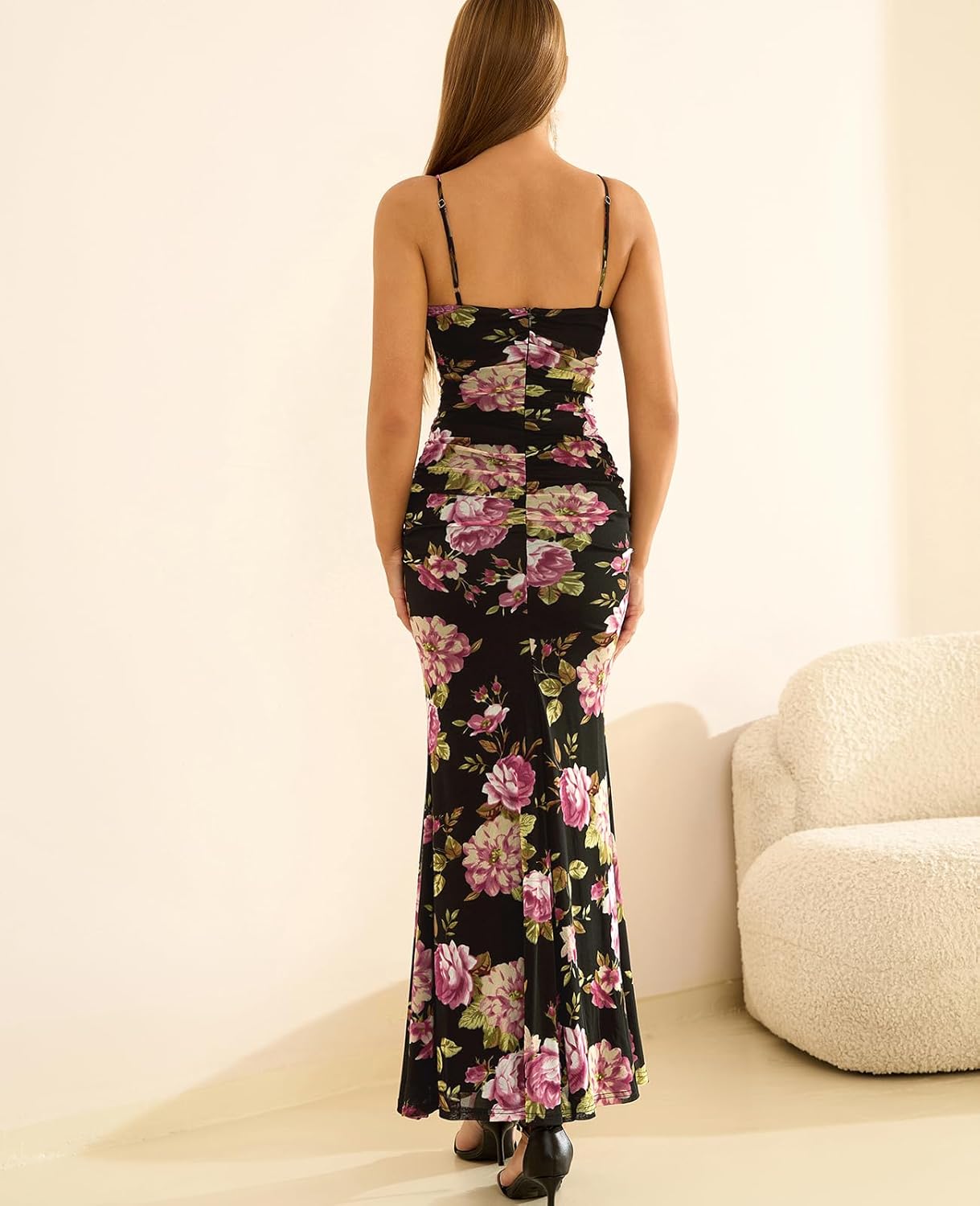 GLNEGE Women's Floral Wedding Guest Formal Maxi Dress Bodycon Spaghetti Strap V Neck Elegant Cocatail Dresses - Image 3