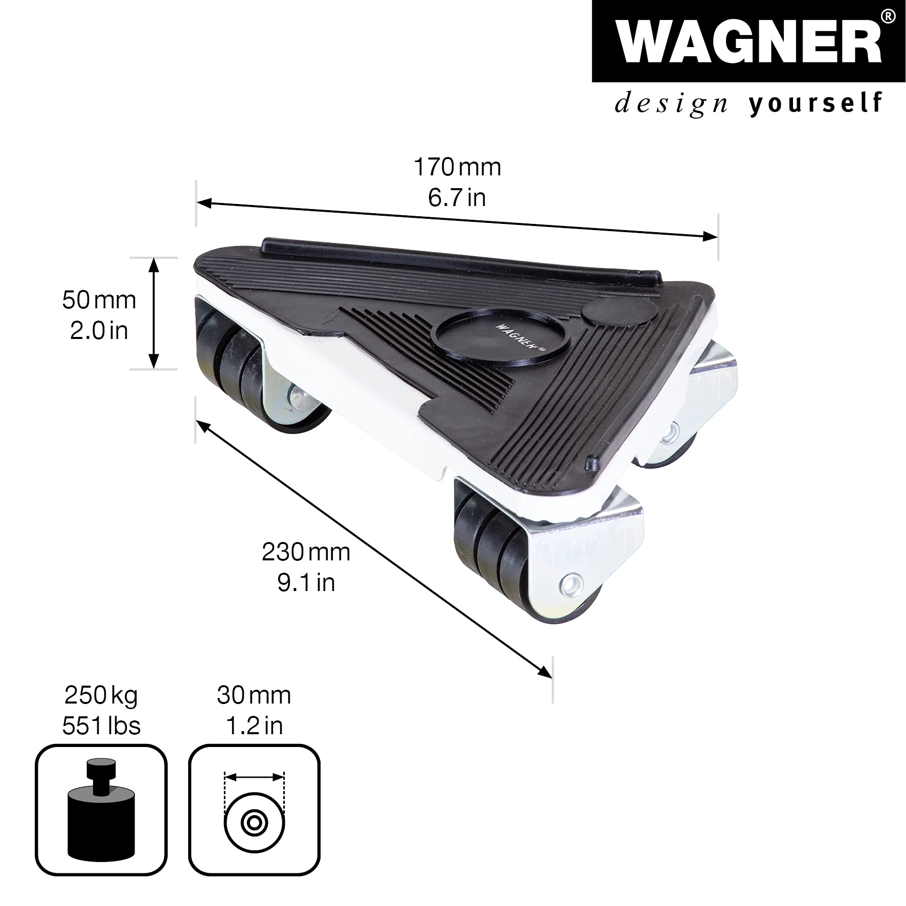 Wagner Lot de 4 Chariots de déménagement MM 1191 I 17 x 17 x 23 x 5 cm - Charge 250 kg - Surface de Chargement antidérapante - pour Les Marchandises volumineuses I très Solide I dirigeable - 20119104