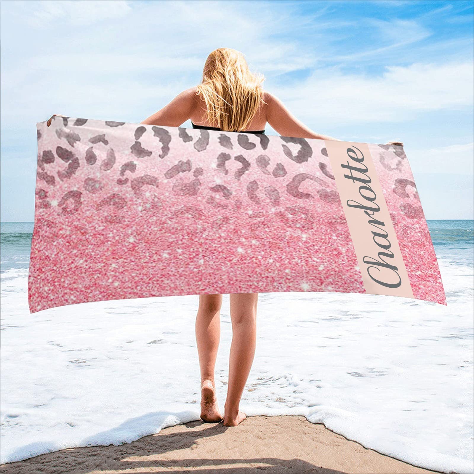 Deven Personalized Name Beach Towel - 60x30 Gold Glitter Leopard Print Microfiber Custom Towel For Travel & Pool