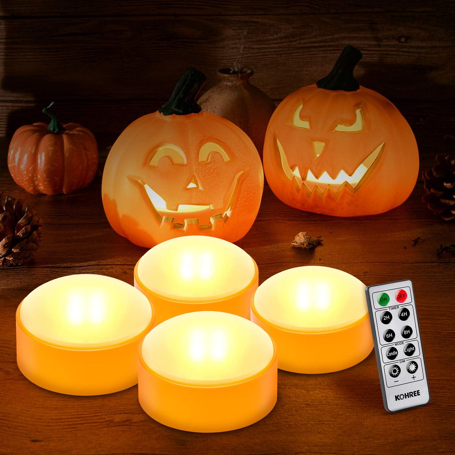 Kohree LED Orange Pumpkin Lights Battery Operated with Remote and Timer, Halloween Decorative Jack-O-Lantern Light Decor, Flameless Candles for Pumpkins Party Decorations Set of 4