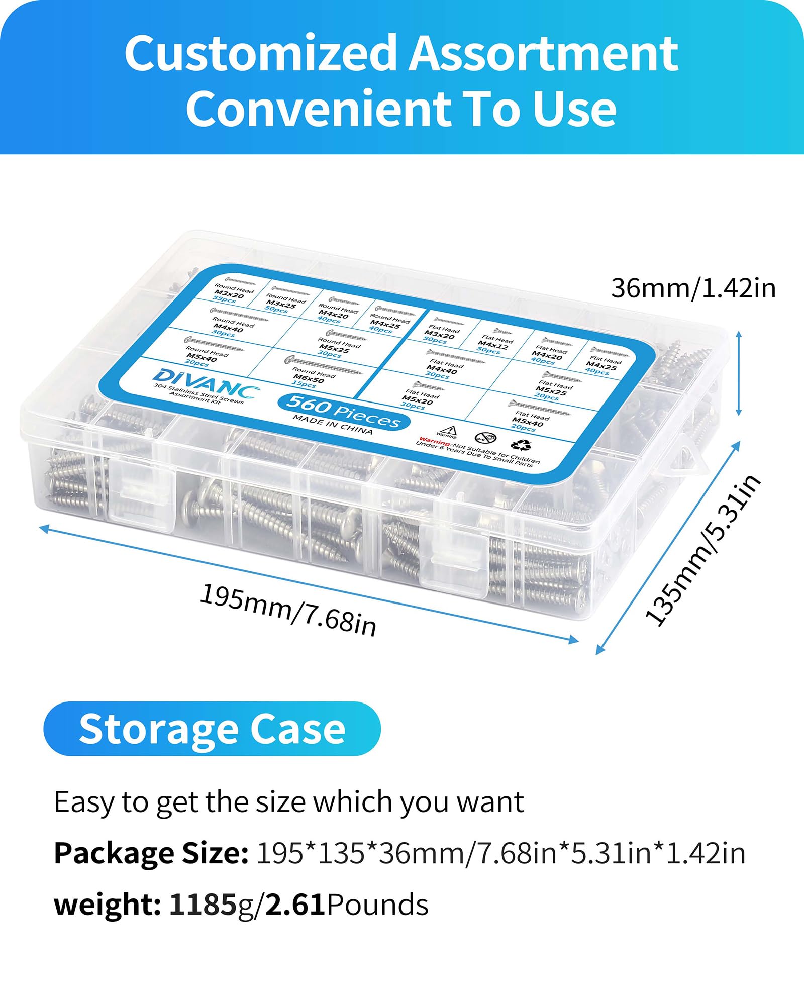 DIVANC 560Pcs 304 Stainless Steel Self Tapping Screws Assortment Set, M3/M4/M5/M6 Flat Head & Round Head Self Tapping Screws Assortment Set, Phillips Drive Wood Screw Assortment Kit - Image 7