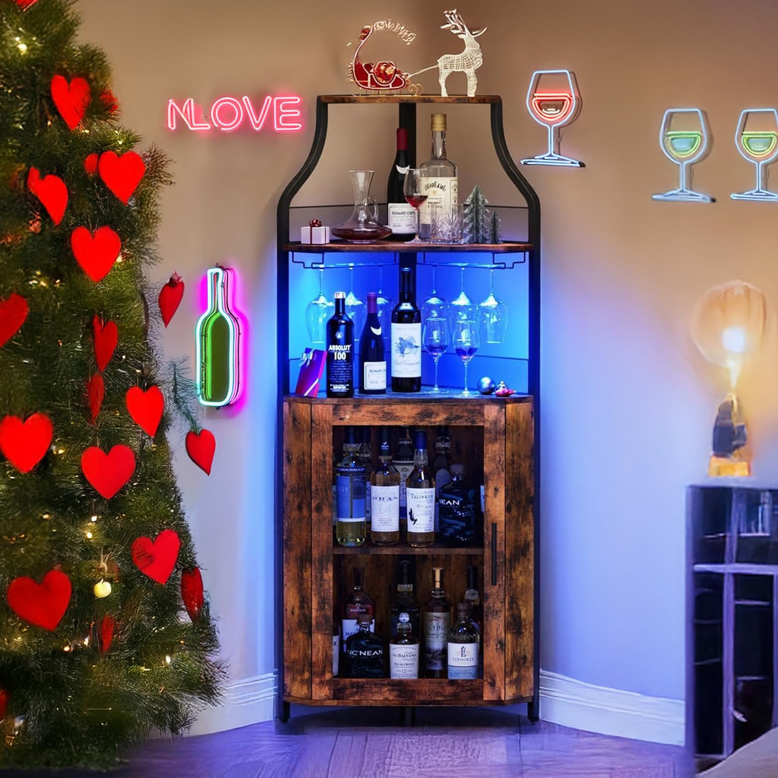 OUTGOODS Corner Bar Cabinet with LED Light,Wine Bar Cabinet and Glass Holder 5-Tiers Storage Space Corner Liquor Cabinet Industrial Wine Cabinet for