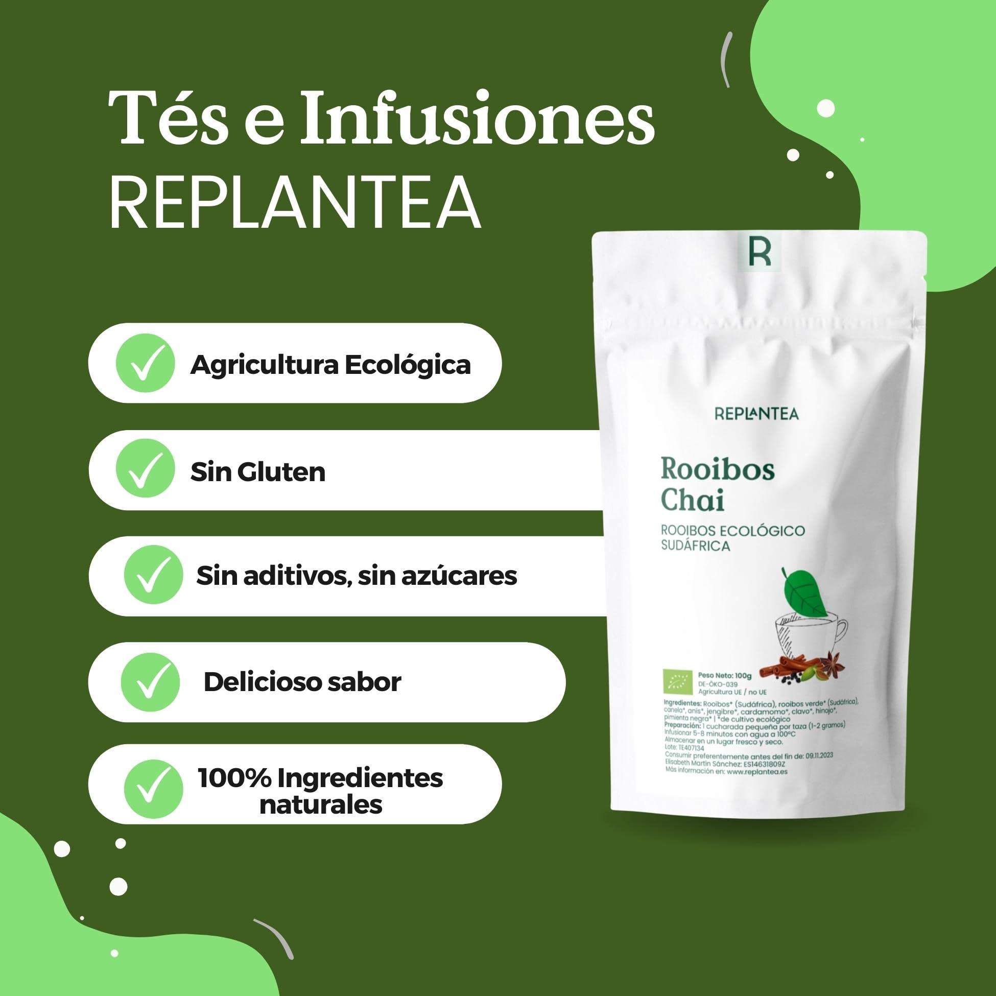 ROOIBOS CHAI Orgánico 100g (50 Tazas) | Chai Rooibos sin Teína | TE ROOIBOS CANELA, Anís, Cardamomo REPLANTEA®