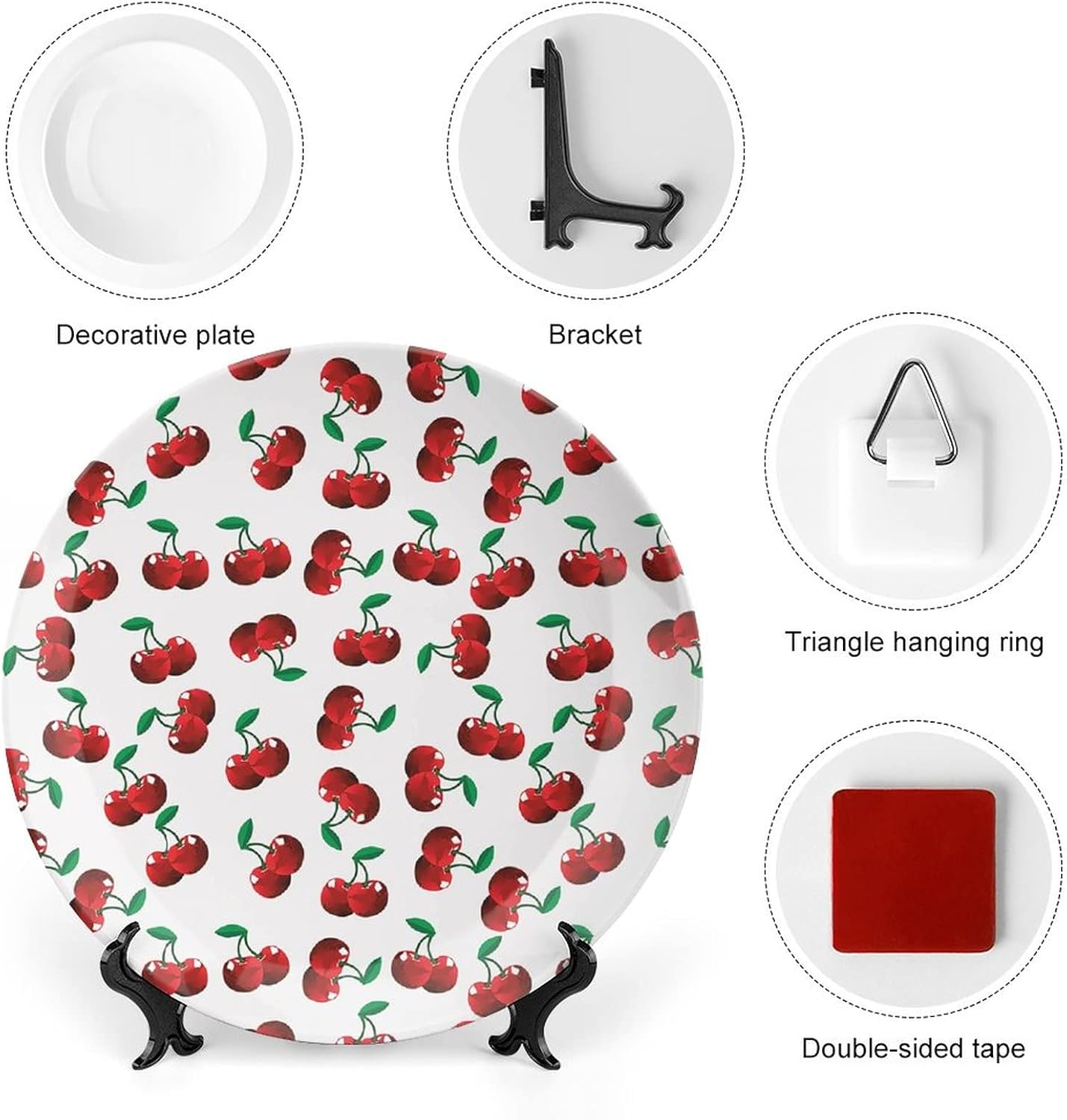 XISUNYA 7 Inch Decorative Plate, Fruits Tableware Plate, Vibrant Cherries Exotic Summer Garden Print Ceramic Wall Hanging for Home Office Party Dinner Table Decor