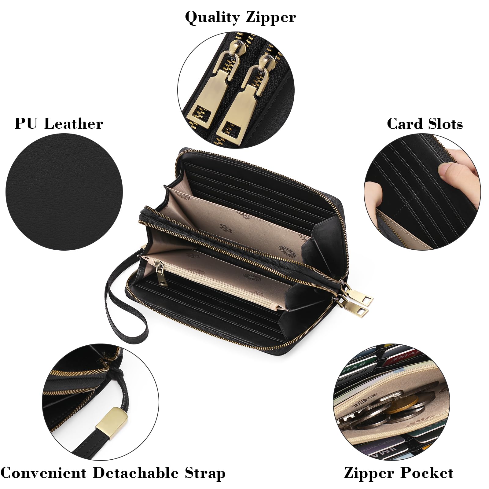 GAEKEAO Portefeuille Femme Grand, Porte Feuille Feminin Cuir Végétalien Double Fermeture à Glissière, RFID Porte chequier, avec Multiples Poches Portefeuilles et Porte-Cartes Idee Cadeau Femmes
