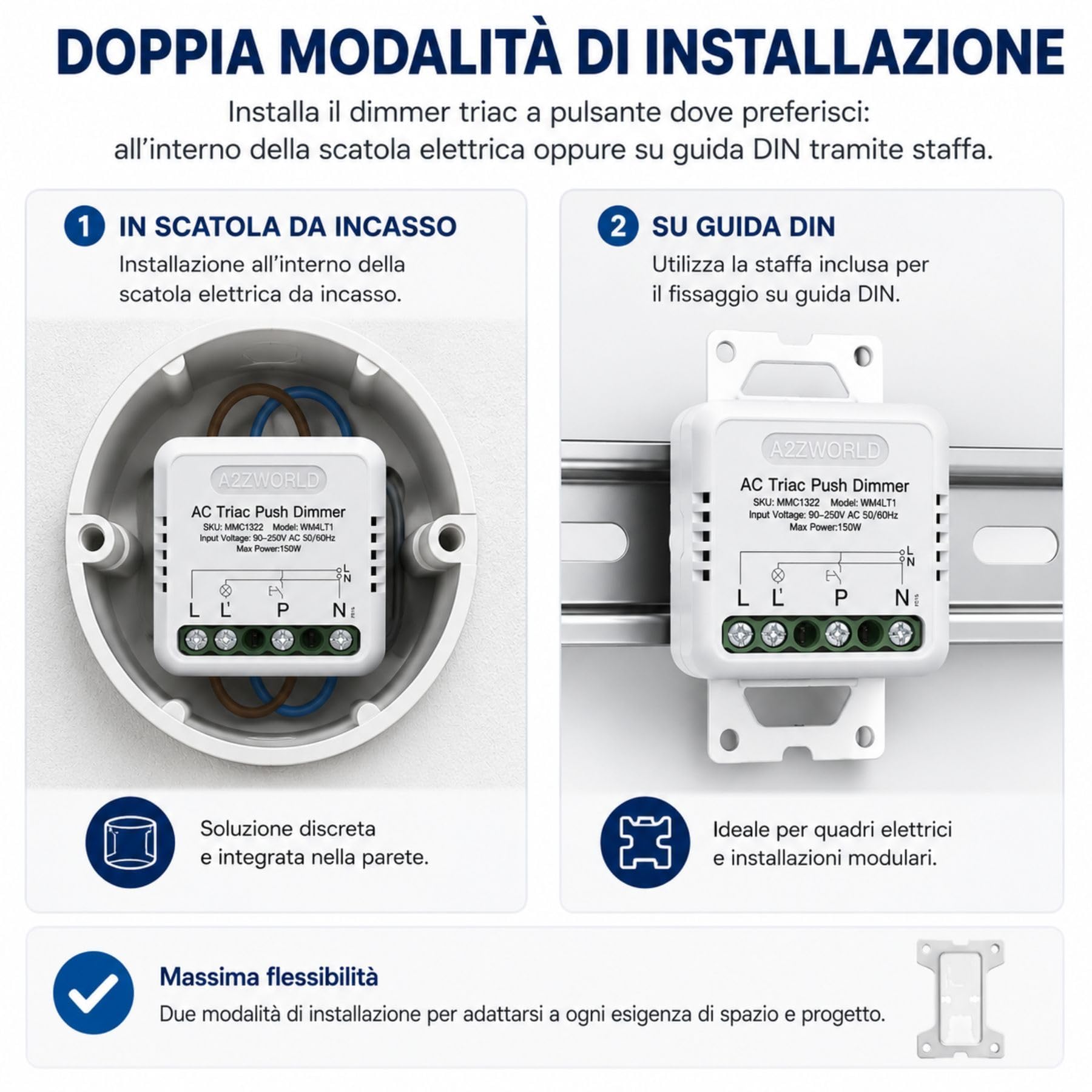 4 sztuki ściemniacza Push AC Triac, cięcie fazowe 220 V z przyciskiem, regulowany 10-100%, synchronizacja, pamięć, podtynkowy i szynę DIN, do ściemniania LED maks. 150 W, 40 x 40 x 18 mm, wycinanie