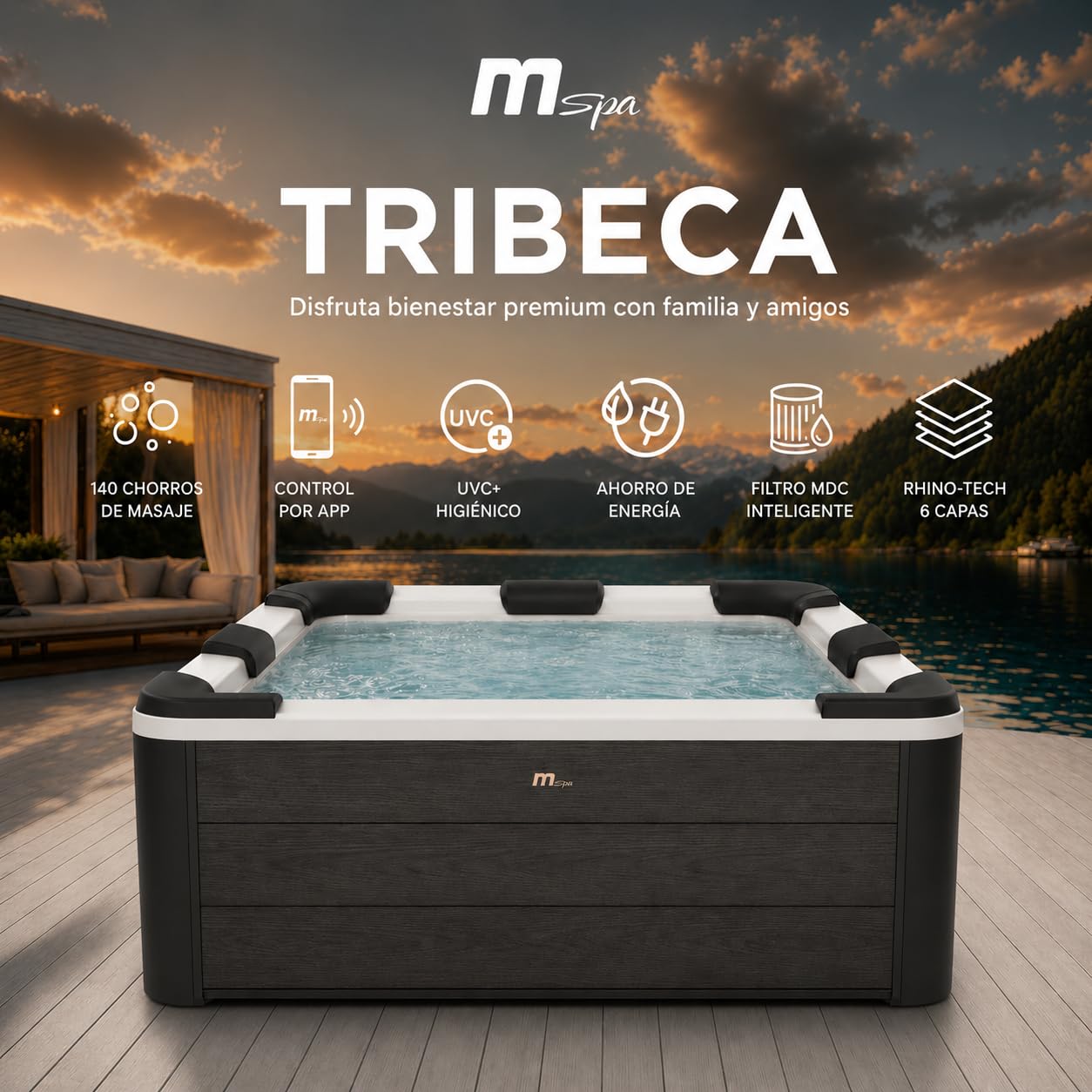 MSpa Tribeca SPA rígido Cuadrado 4-6 Personas con 120 chorros Aerojet, 8 Jets de Agua, LED, UVC+, ozono y Control Inteligente