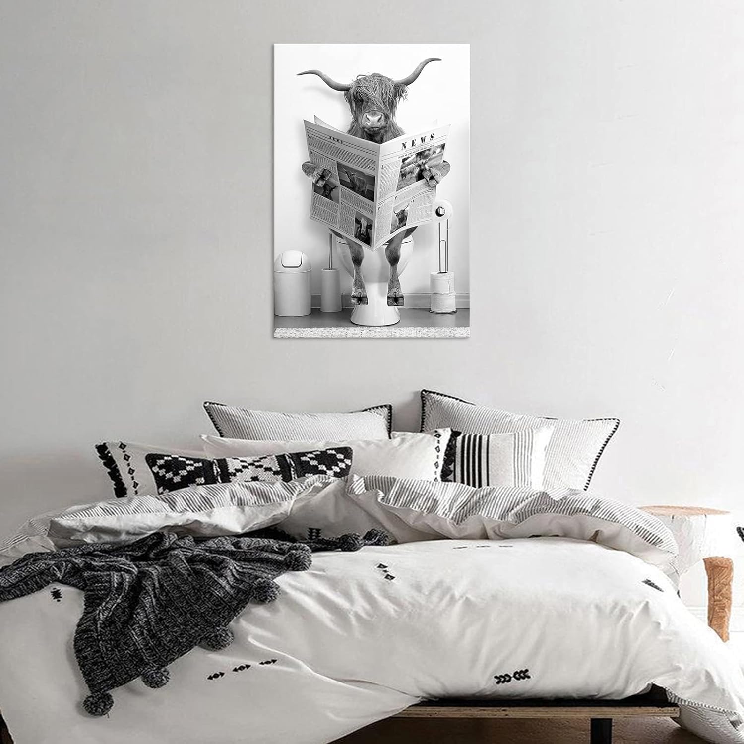 tigeridge Funny Highland Cow Bathroom Canvas Wall Art Black and White Fun Picture Farmhouse Bathroom Wall Decoration Cow Sitting on Toilet Reading Newspaper Artwork Ready to Hang 16" x 24"
