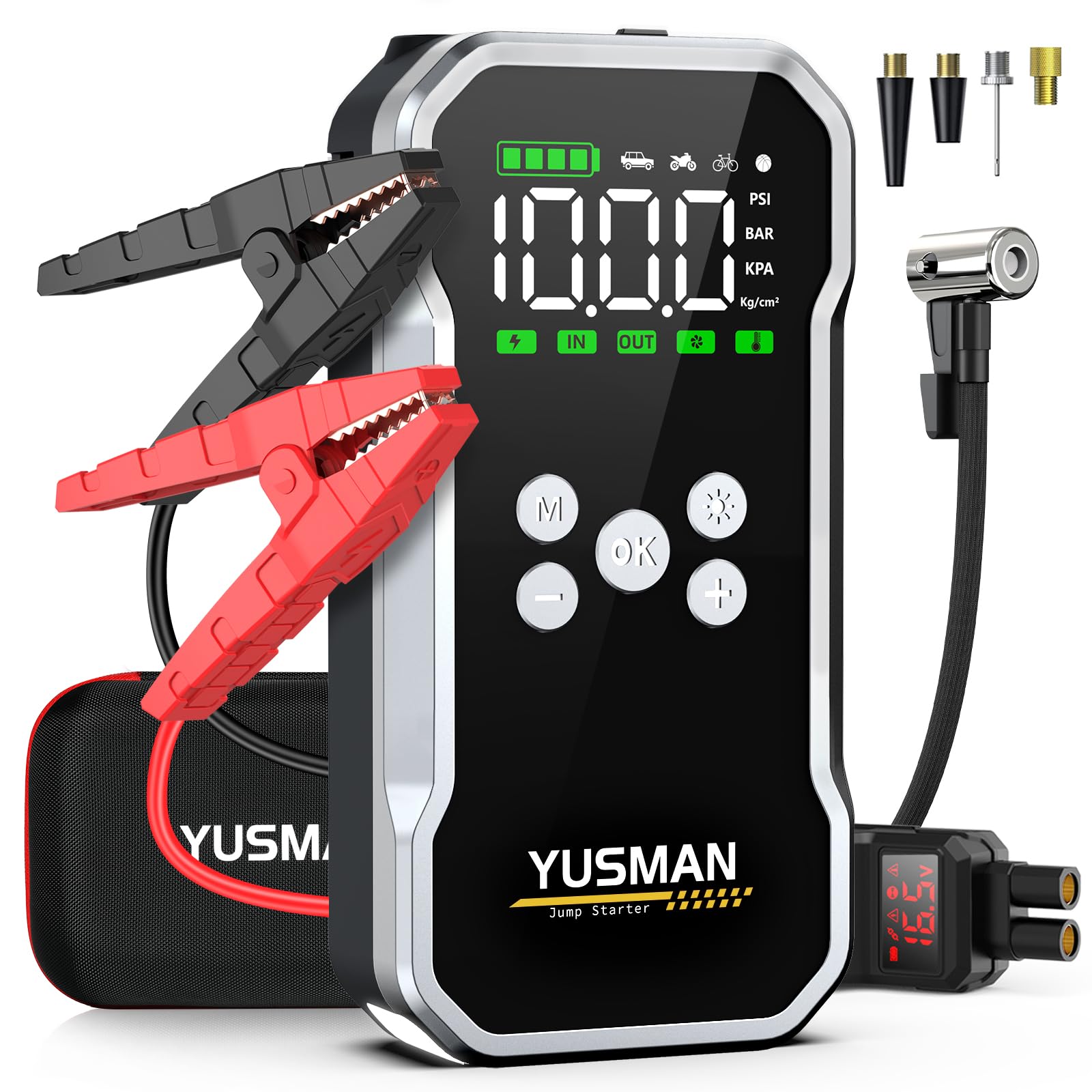 YUSMAN Avviatore Batteria Auto - 5000A, Booster Avviatore Auto con Compressore 150PSI (per 12V 10.0L GAS e 8.0L DIESEL), Jump Starter 5V/3A, Avviatore Emergenza Auto USB, LED,Starter Batteria Auto LCD