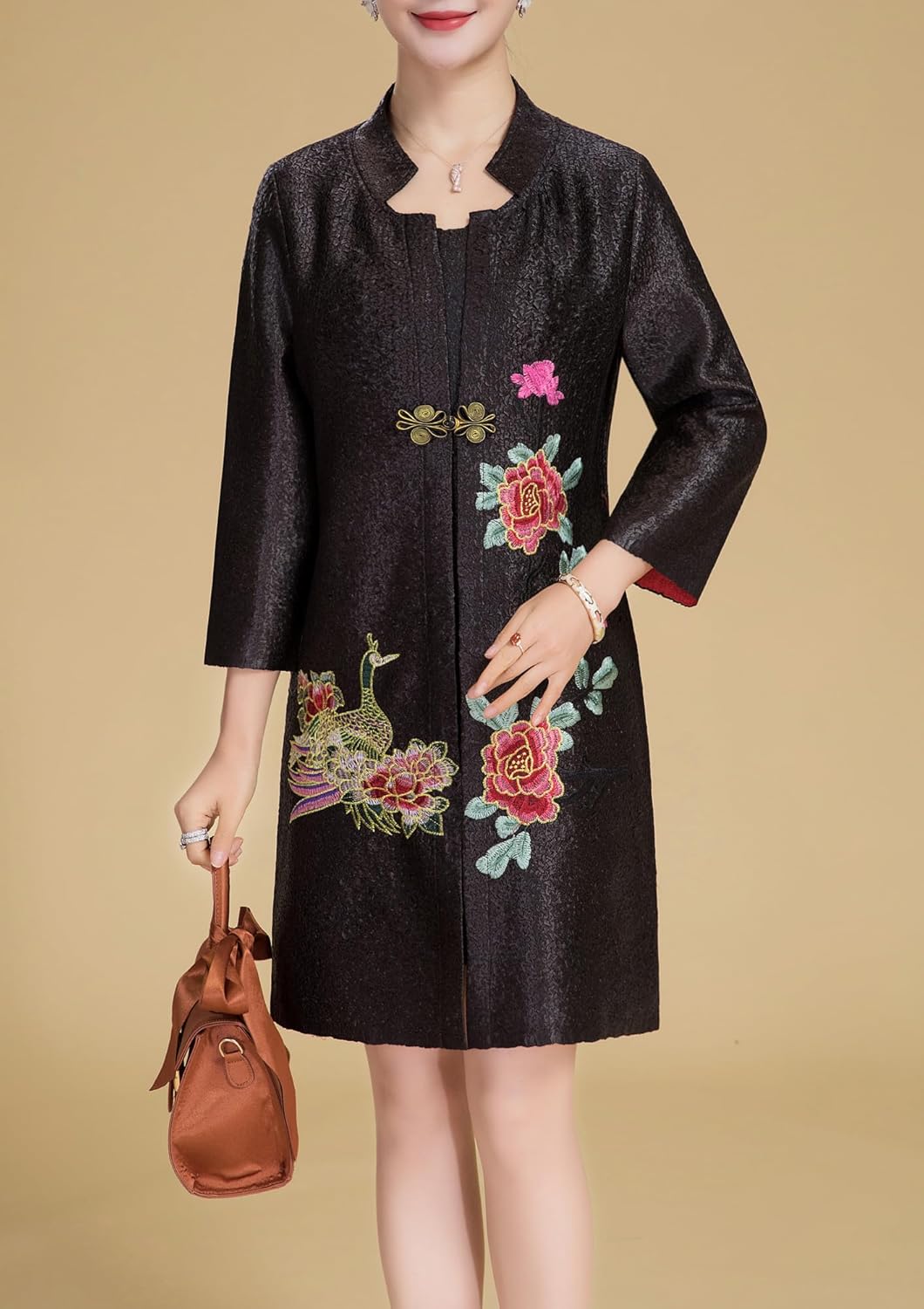 Women's Traditional Embroidery Mandarin Duck Flowers Crinkled One Button Blazer Chinese Jacket - Image 2